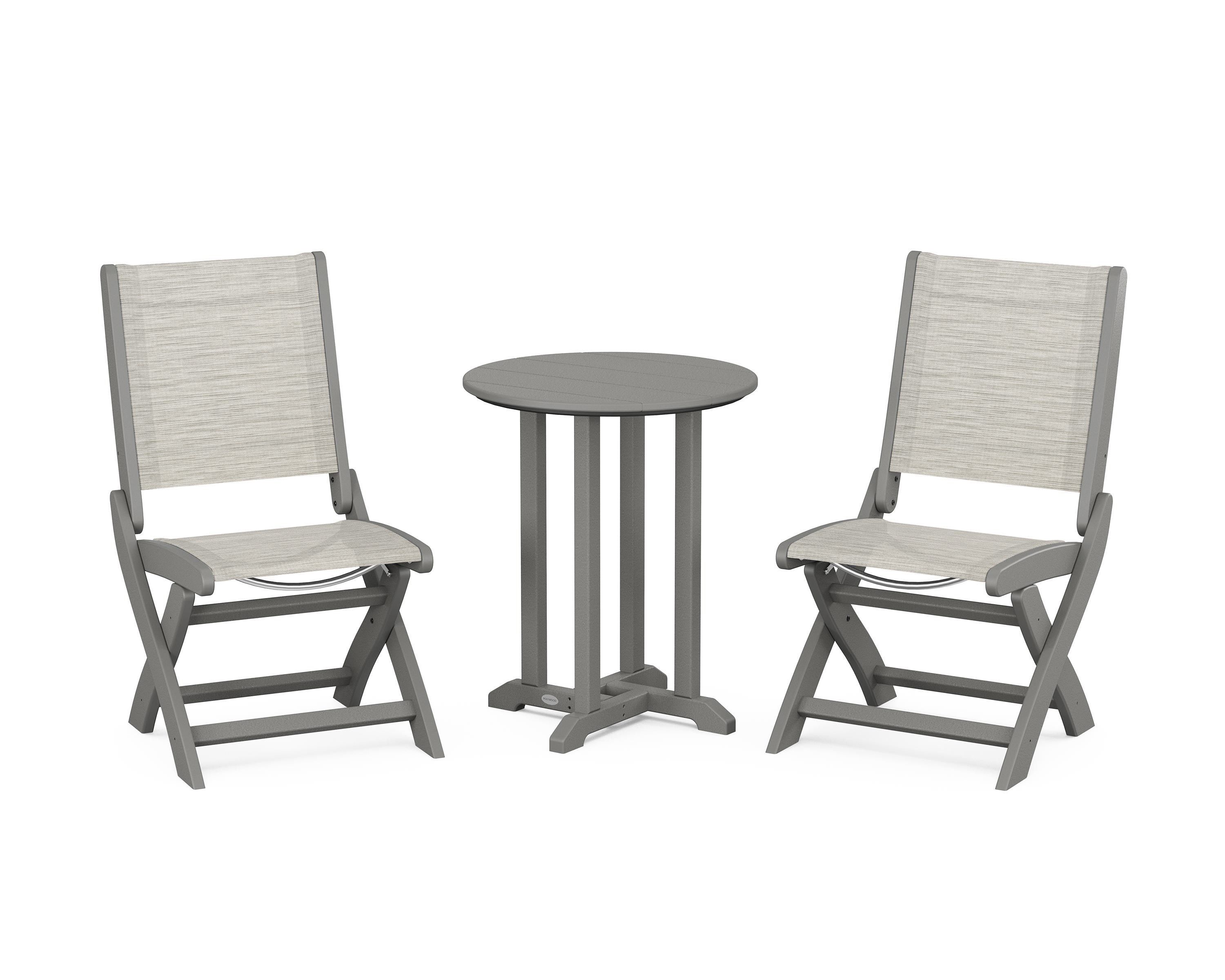 POLYWOOD Coastal Folding Side Chair 3-Piece Round Bistro Dining Set in Slate Grey / Birch Sling