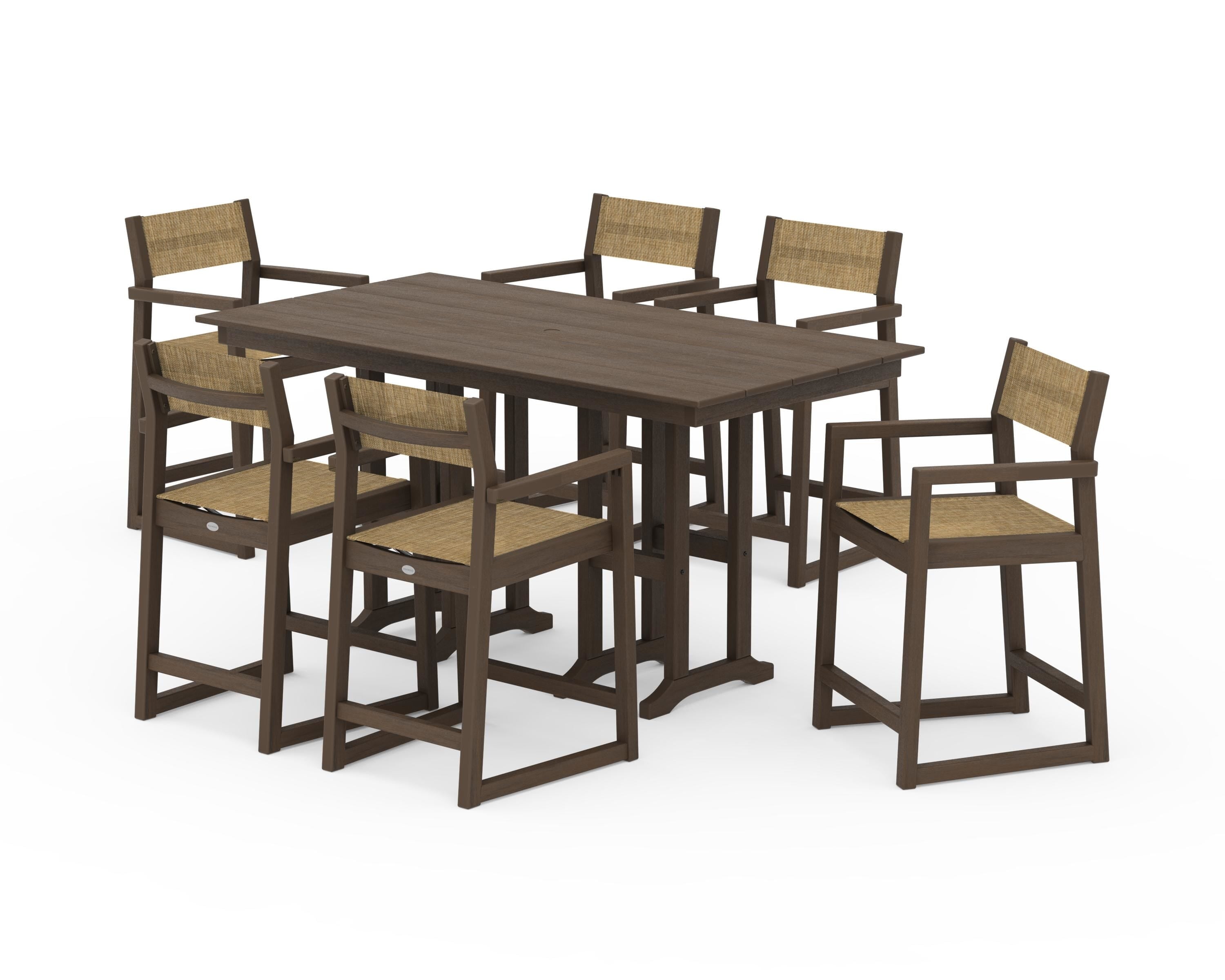 POLYWOOD EDGE Sling Arm Chair 7-Piece Farmhouse Counter Set in Kona / Burlap Sling