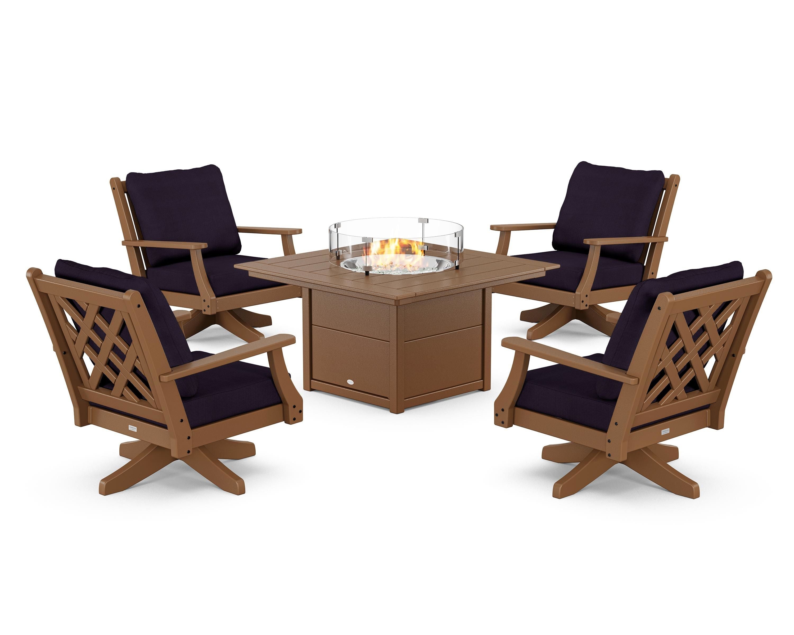 Country Living Wovendale 5-Piece Deep Seating Swivel Conversation Set with Fire Pit Table in Teak / Navy Linen