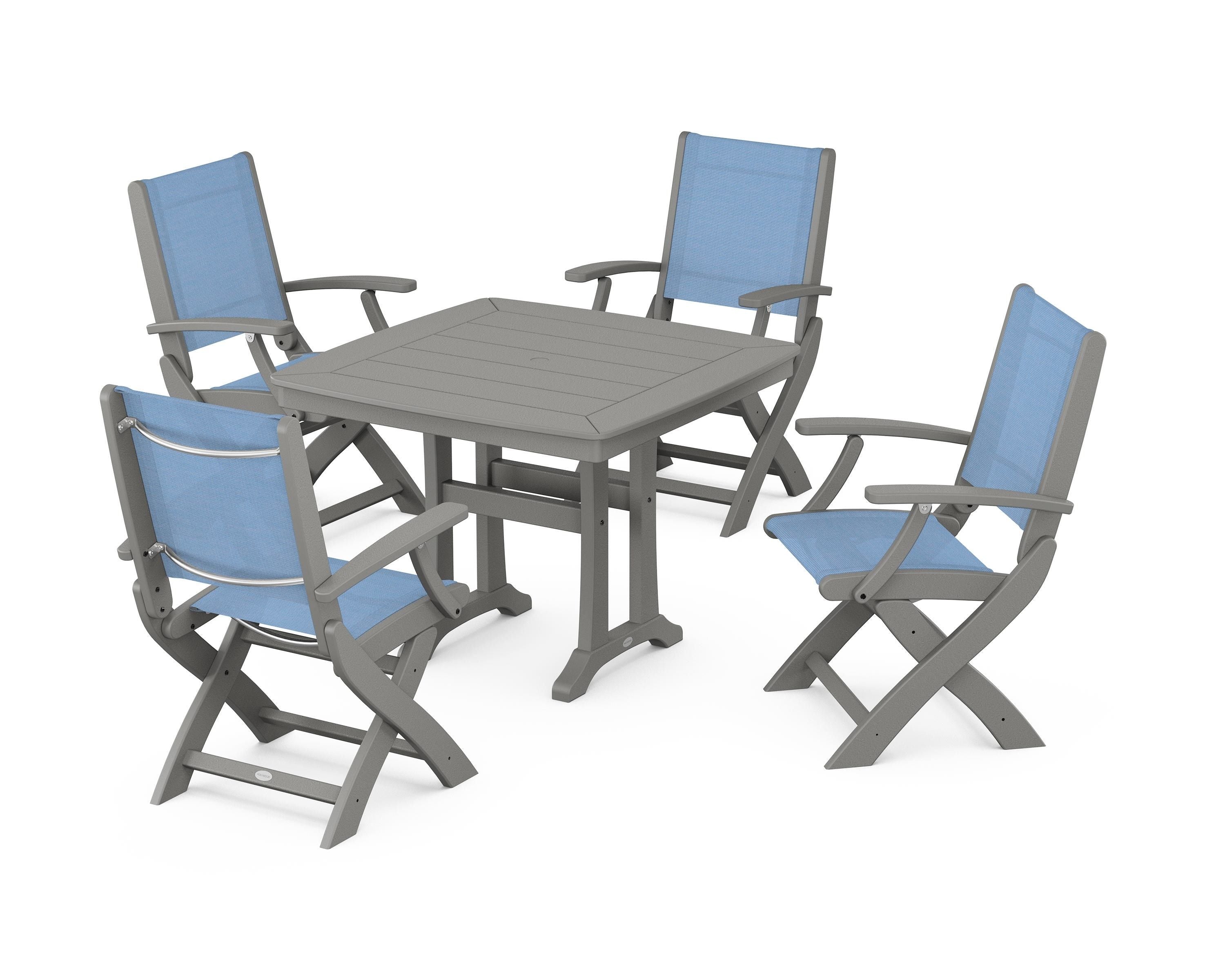 POLYWOOD Coastal Folding Chair 5-Piece Dining Set with Trestle Legs in Slate Grey / Poolside Sling