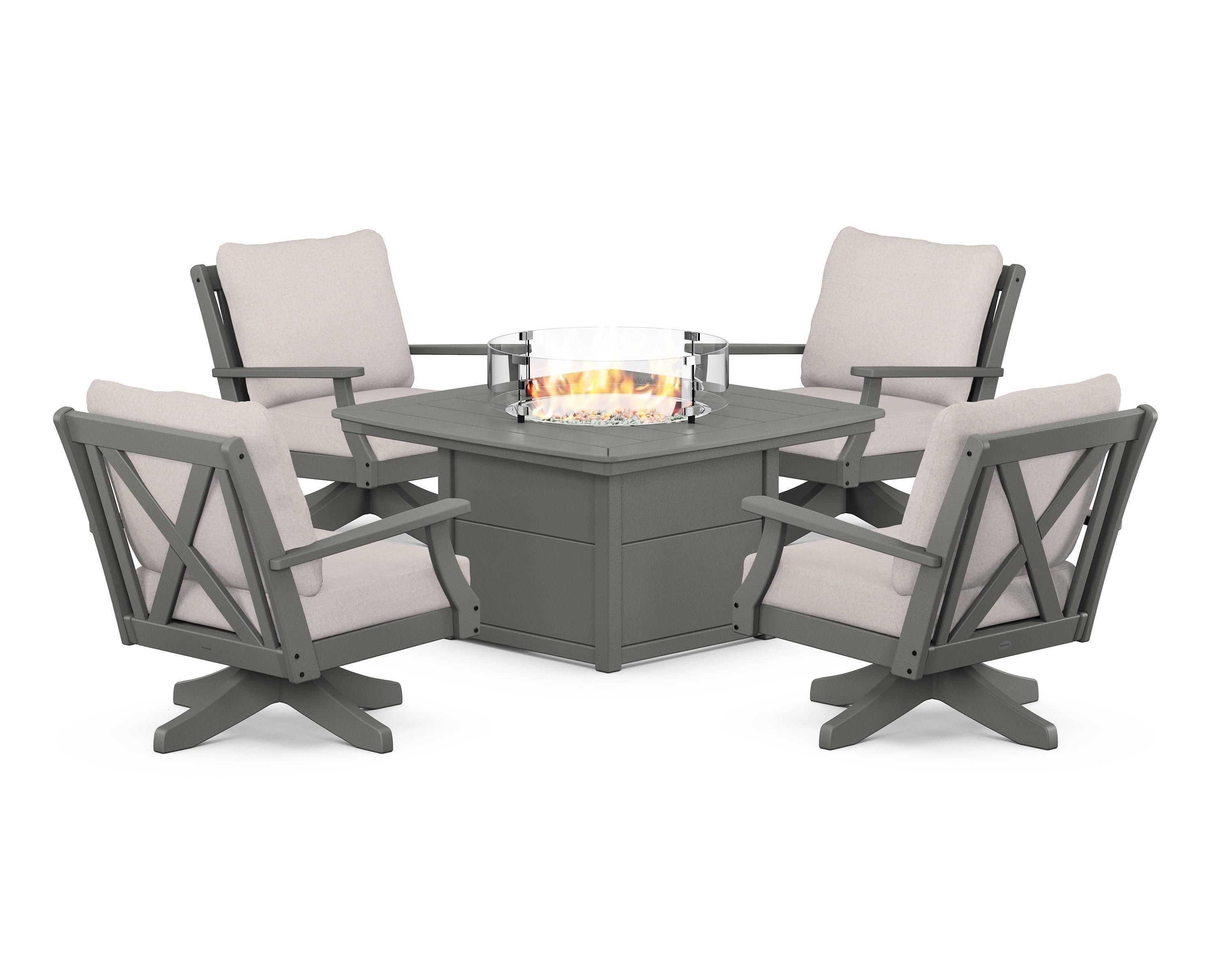 POLYWOOD Braxton 5-Piece Deep Seating Swivel Conversation Set with Fire Pit Table in Slate Grey / Dune Burlap