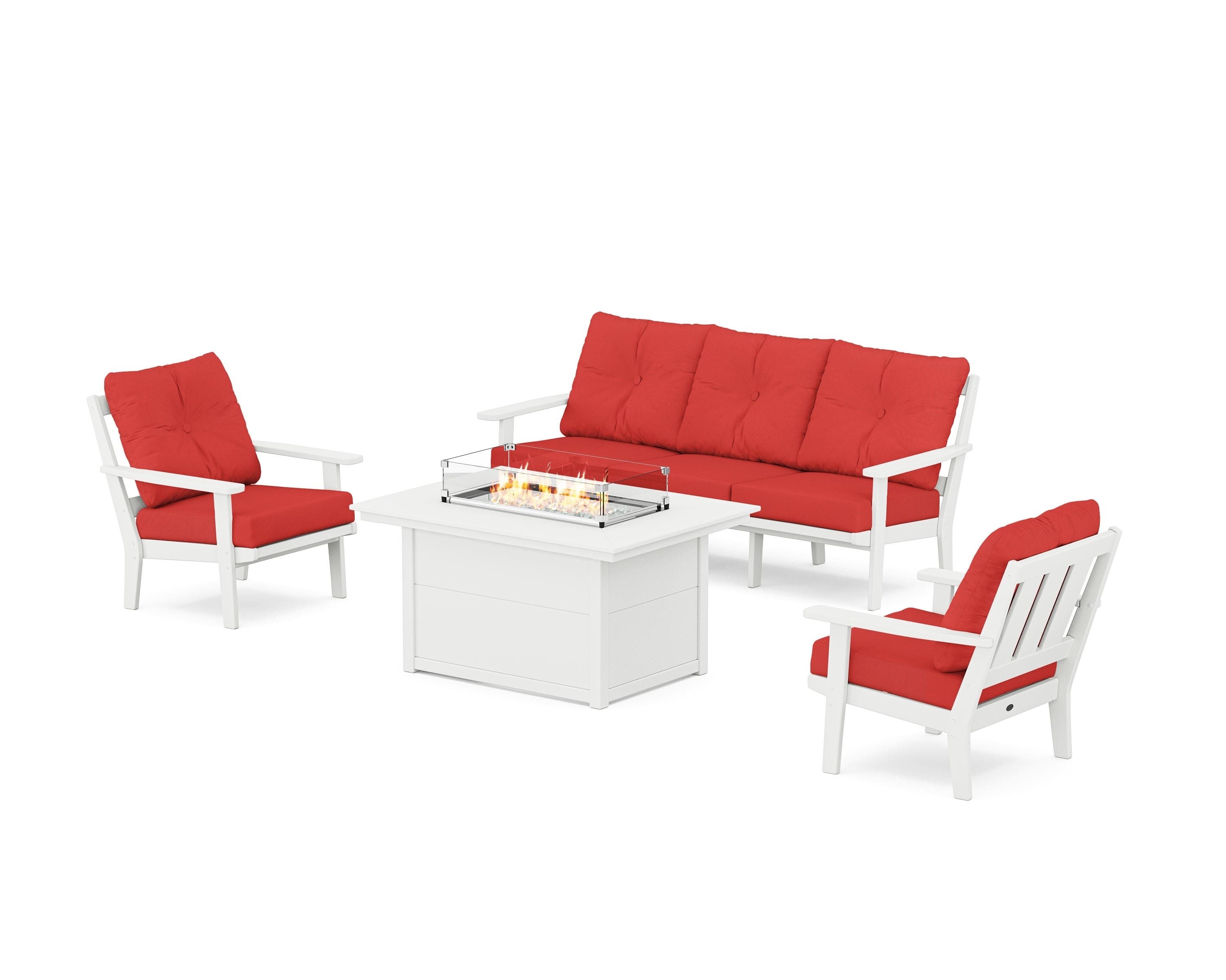 POLYWOOD Oxford Deep Seating Fire Pit Table Set in White / Crimson Linen