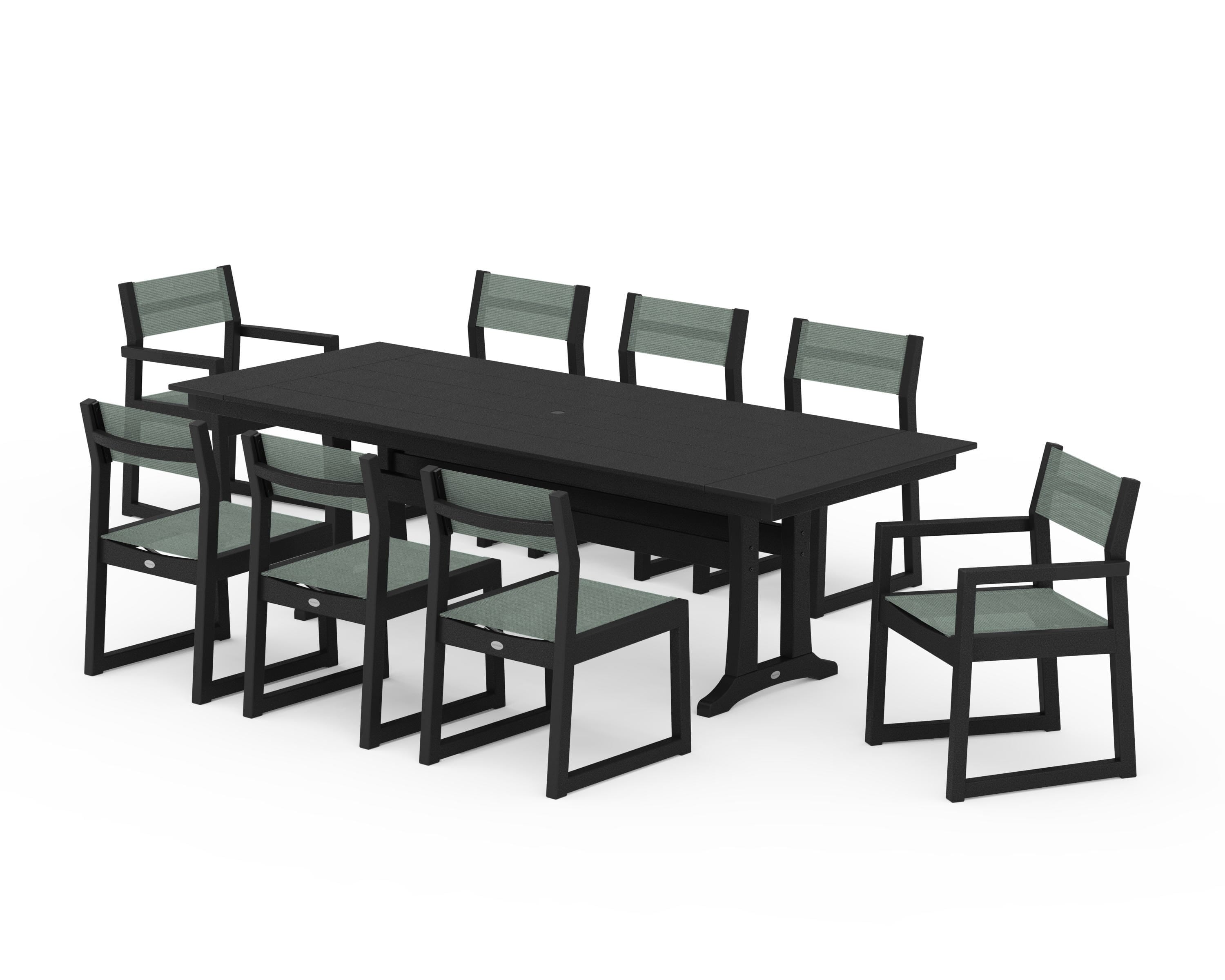 POLYWOOD EDGE Sling 9-Piece Farmhouse Trestle Dining Set in Black / Dupioni Sea Mist Sling