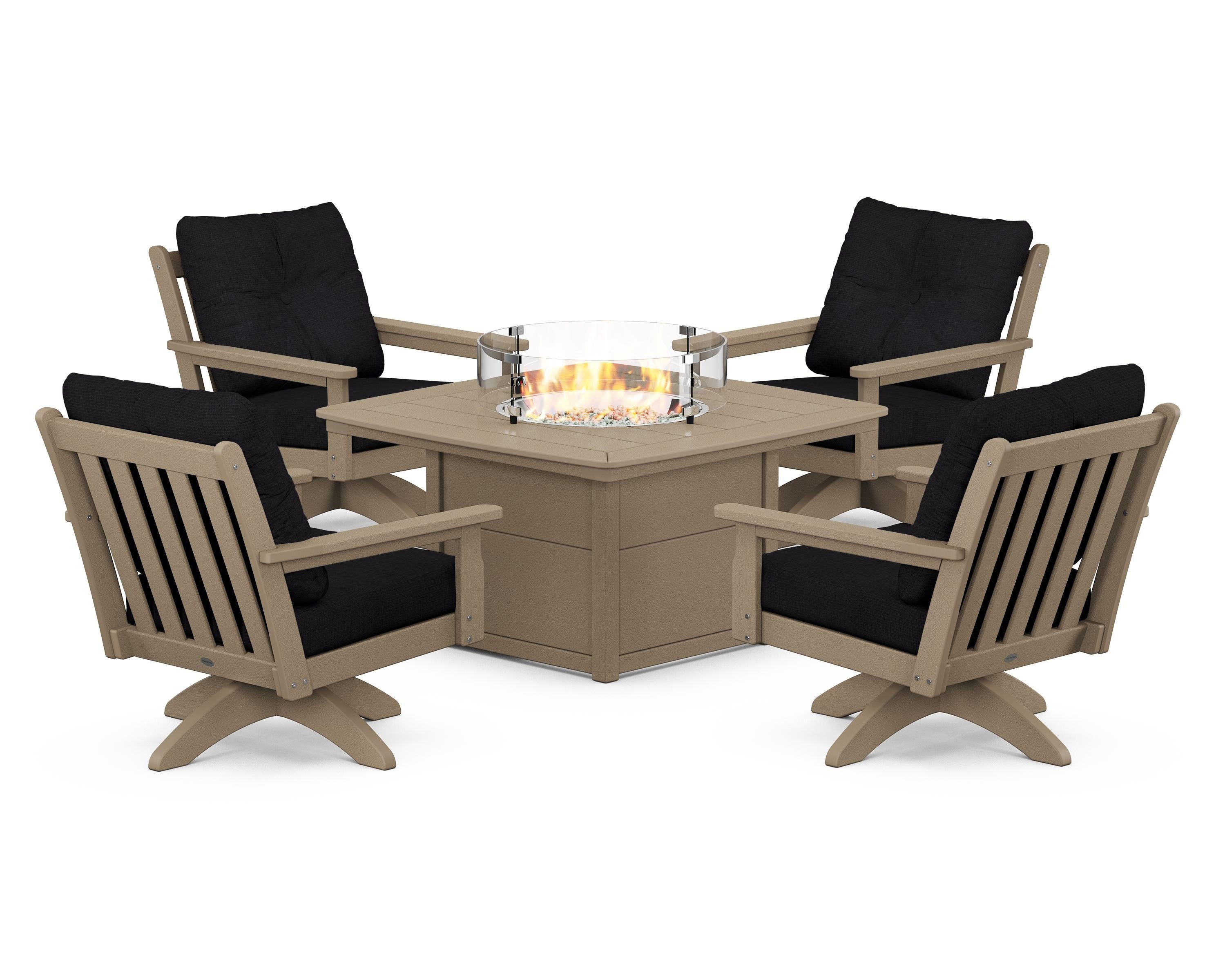 POLYWOOD Vineyard 5-Piece Deep Seating Swivel Conversation Set with Fire Pit Table in Vintage Sahara / Midnight Linen
