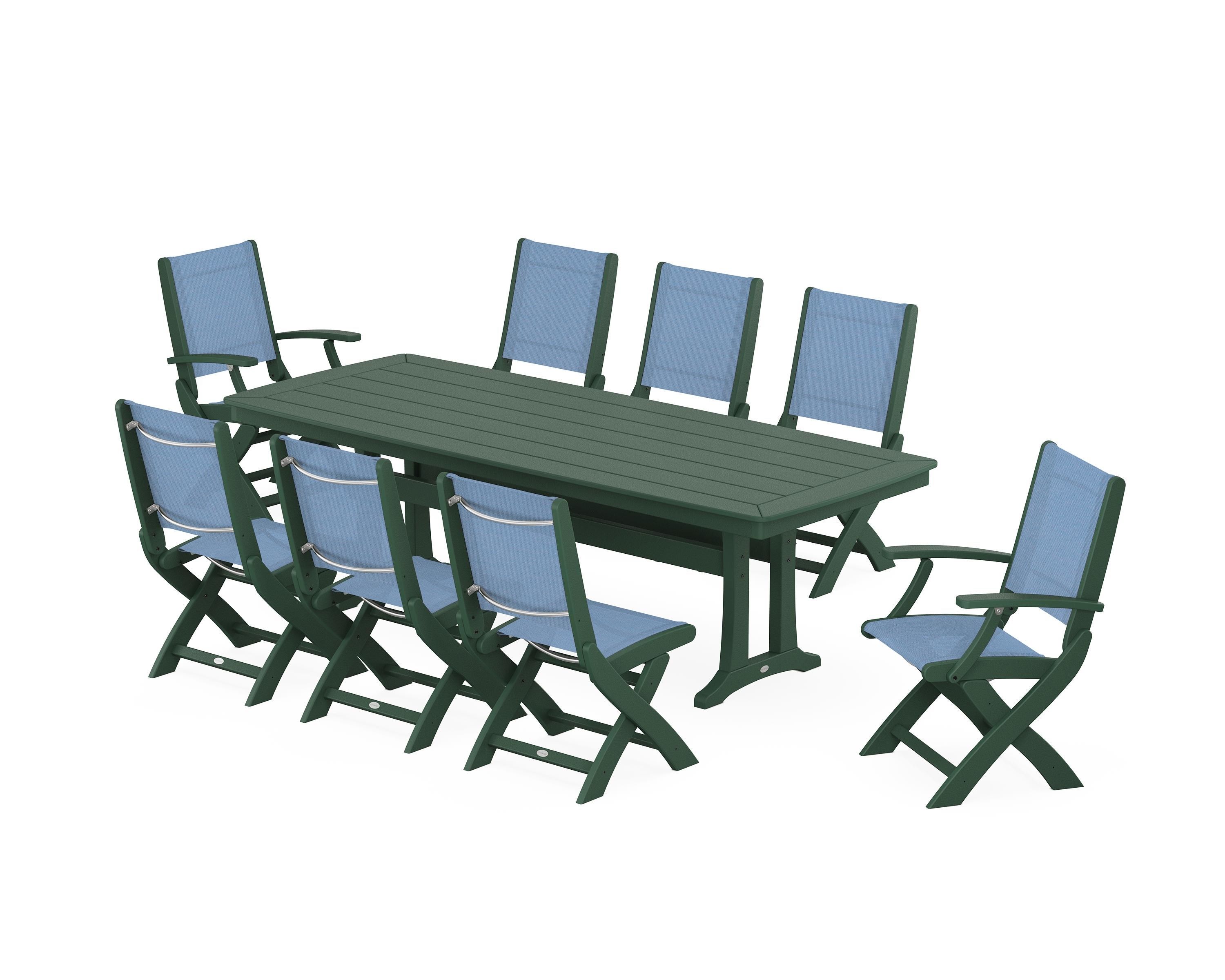 POLYWOOD Coastal Folding 9-Piece Dining Set with Trestle Legs in Green / Poolside Sling