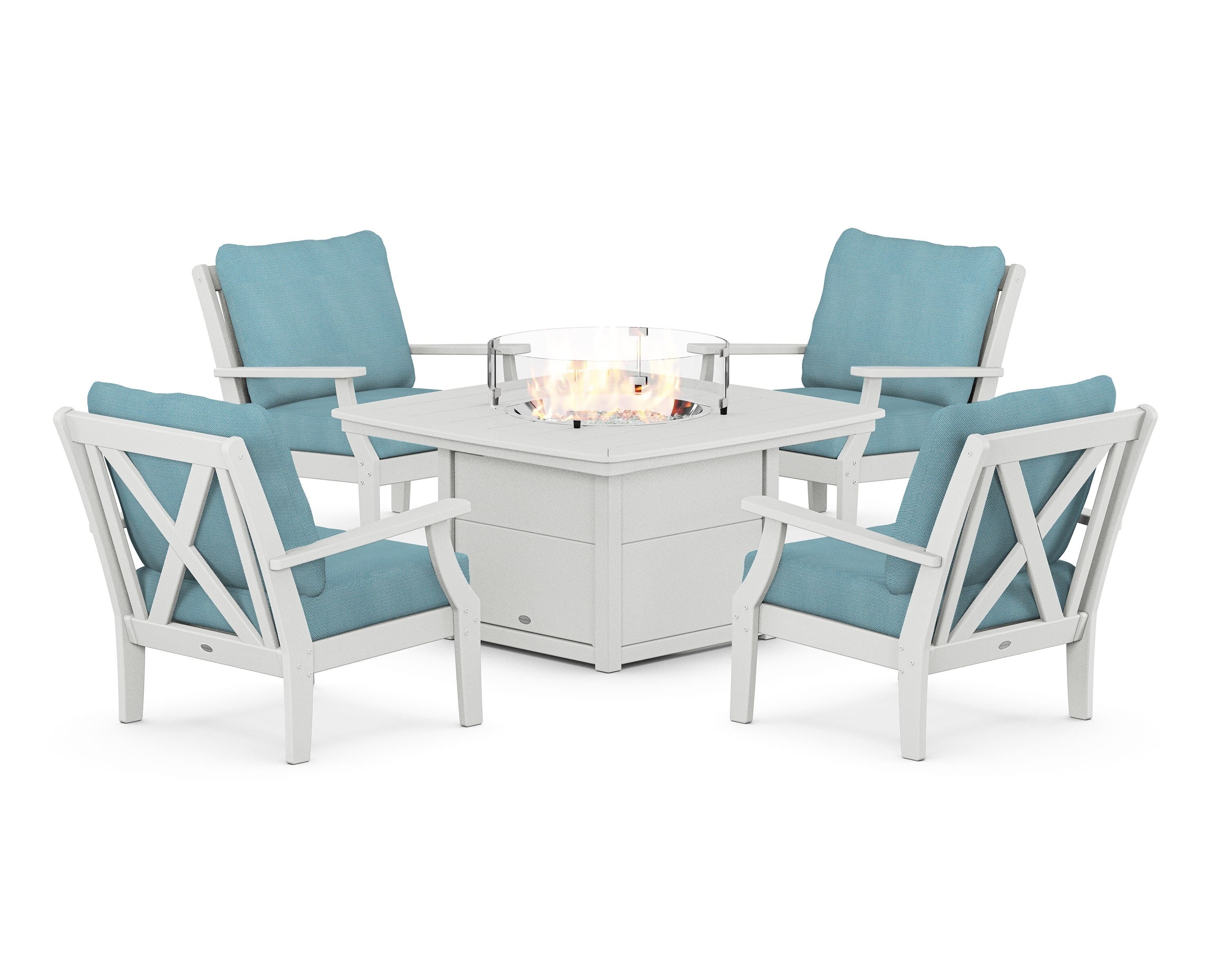 POLYWOOD Braxton 5-Piece Deep Seating Conversation Set with Fire Pit Table in White / Lattice Sky Blue