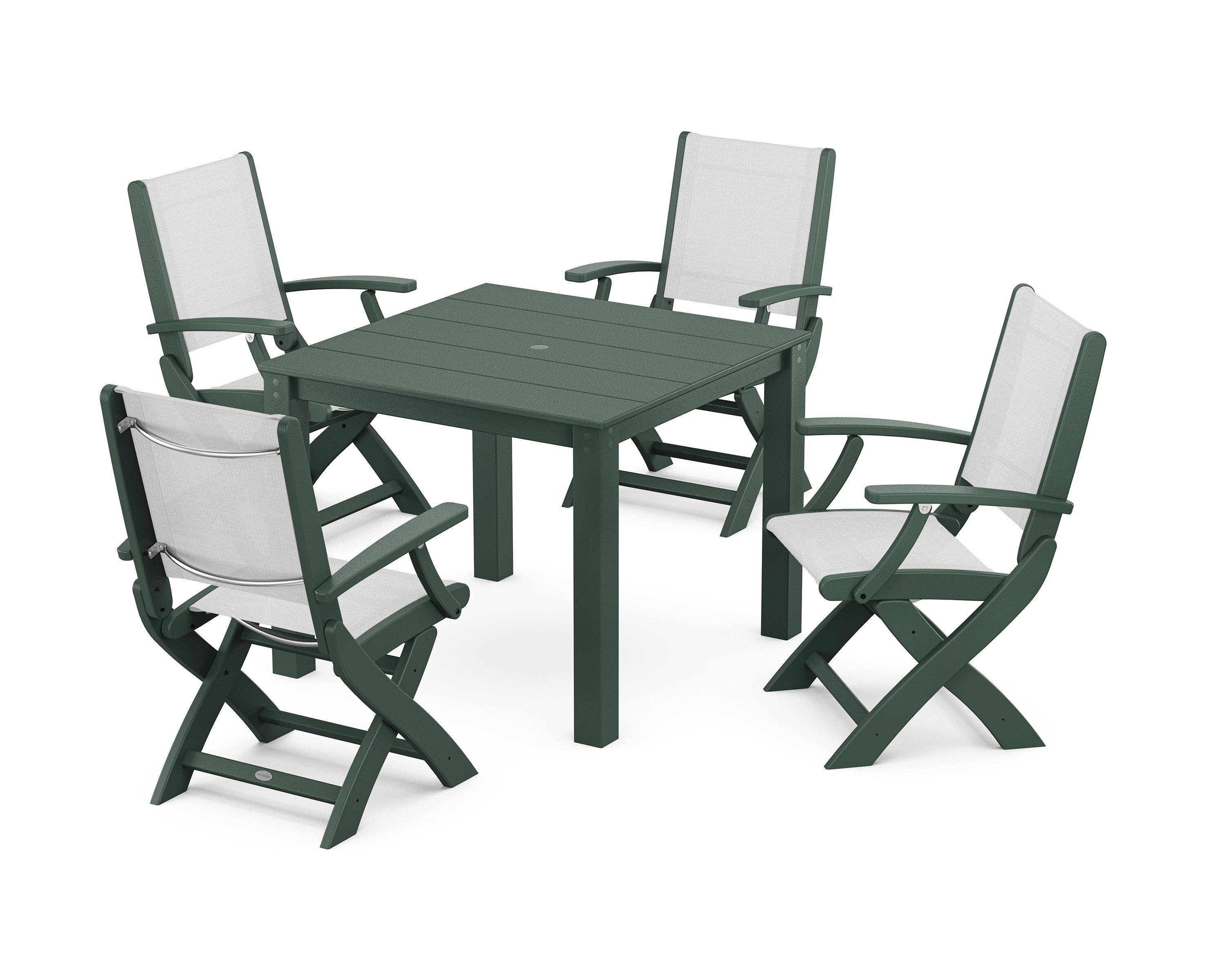 POLYWOOD Coastal Folding Chair 5-Piece Parsons Dining Set in Green / White Sling