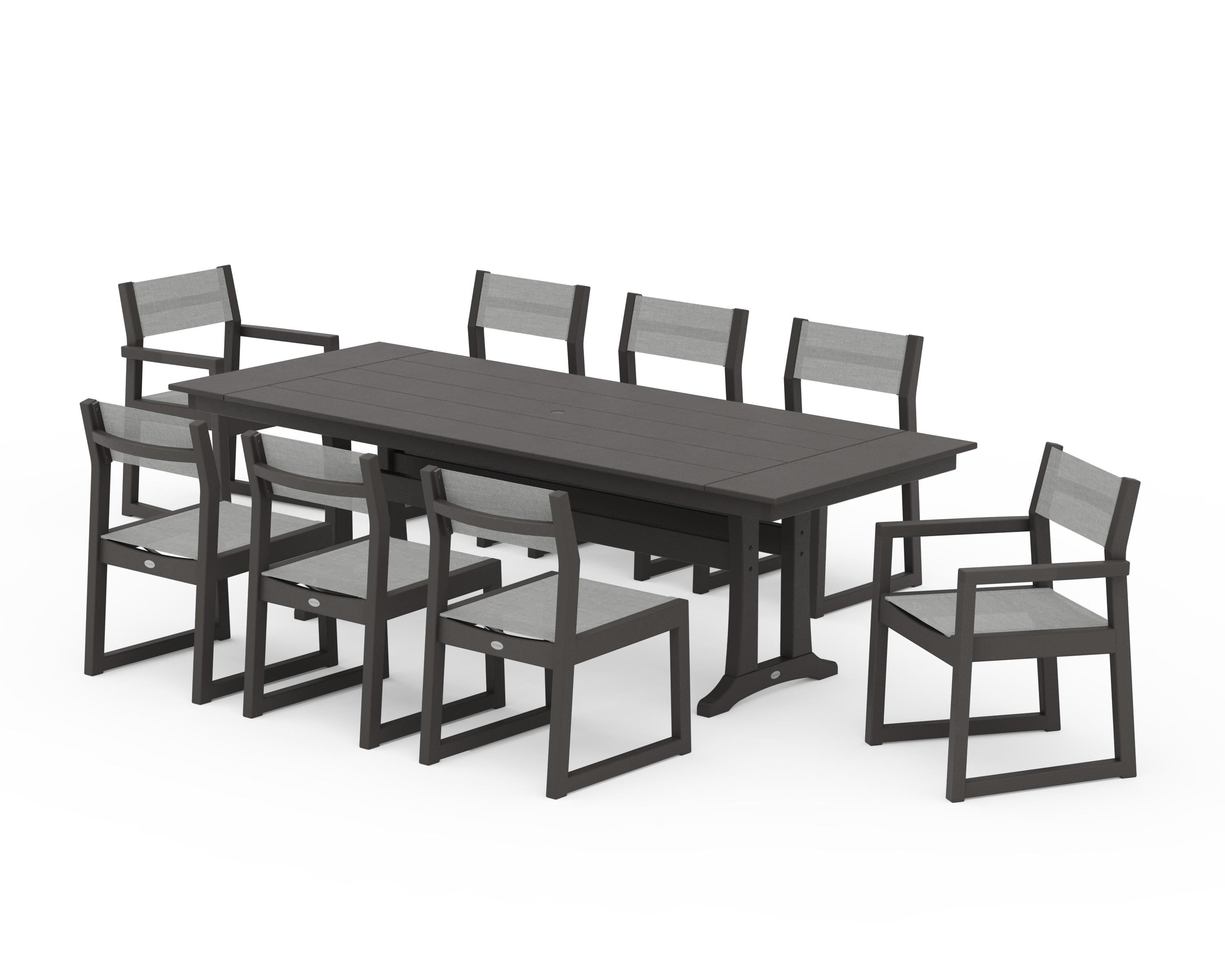 POLYWOOD EDGE Sling 9-Piece Farmhouse Trestle Dining Set in Vintage Coffee / Metallic Sling