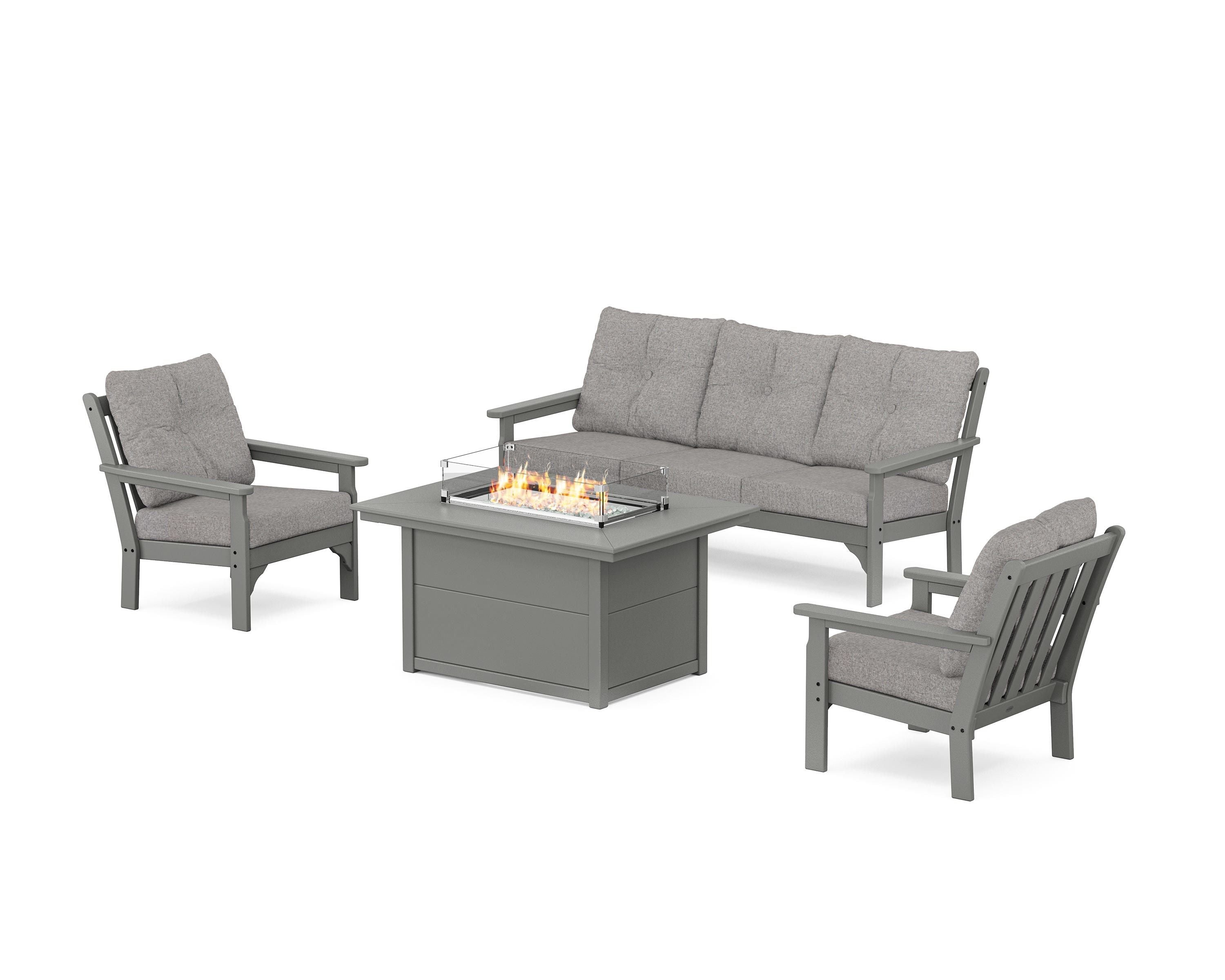 POLYWOOD Vineyard Deep Seating Fire Pit Table Set in Slate Grey / Grey Mist