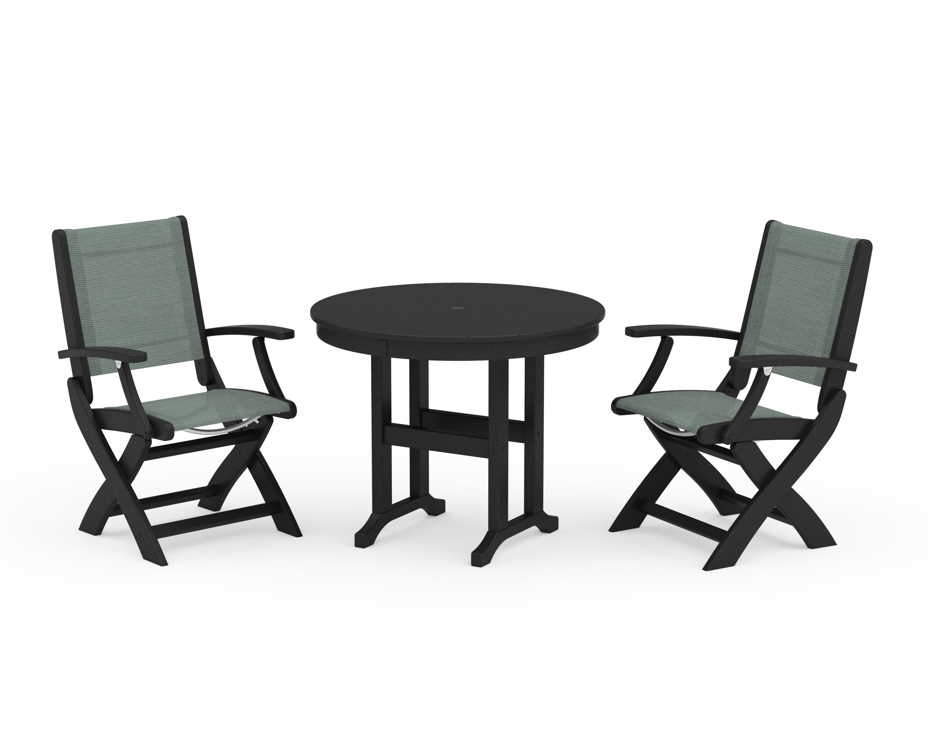 POLYWOOD Coastal Folding Chair 3-Piece Round Dining Set in Black / Dupioni Sea Mist Sling