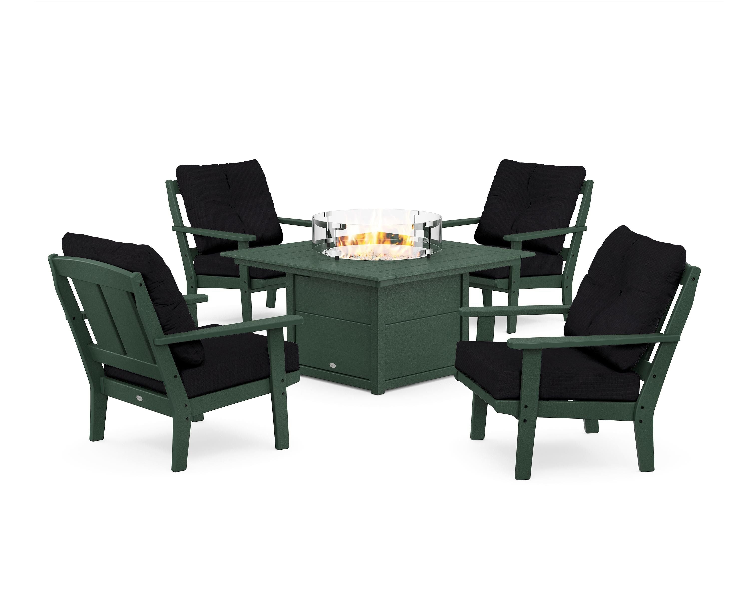POLYWOOD Mission 5-Piece Deep Seating Set with Fire Pit Table in Green / Midnight Linen