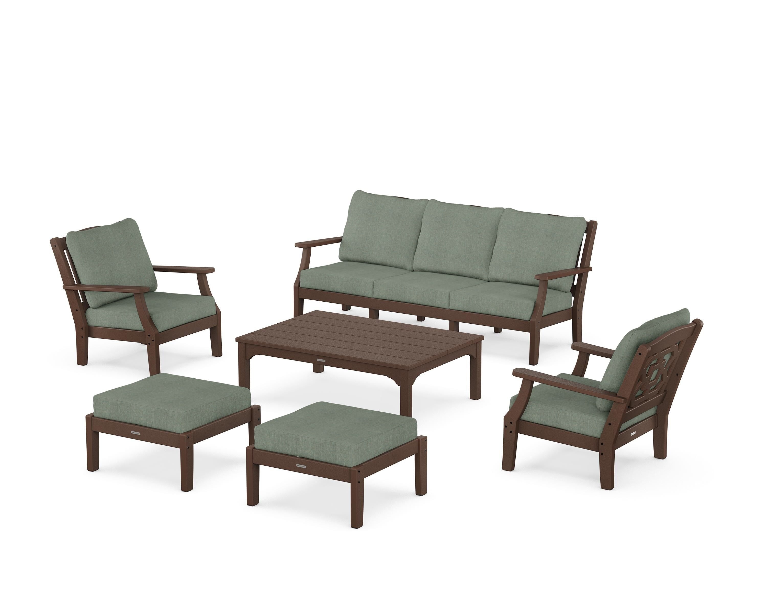 Martha Stewart by POLYWOOD Chinoiserie 6-Piece Lounge Sofa Set in Mahogany / Cast Sage