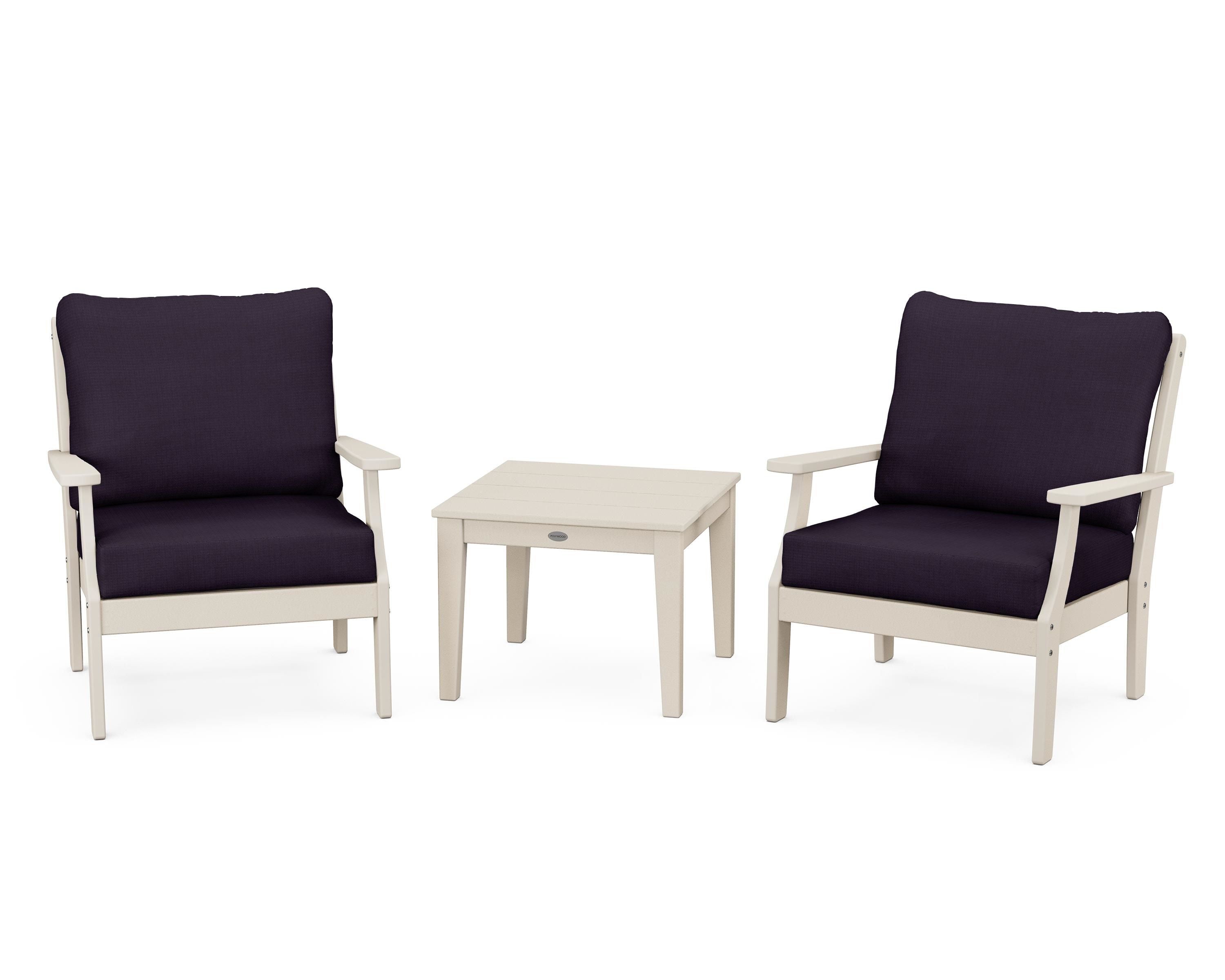 POLYWOOD Braxton 3-Piece Deep Seating Set in Sand / Navy Linen