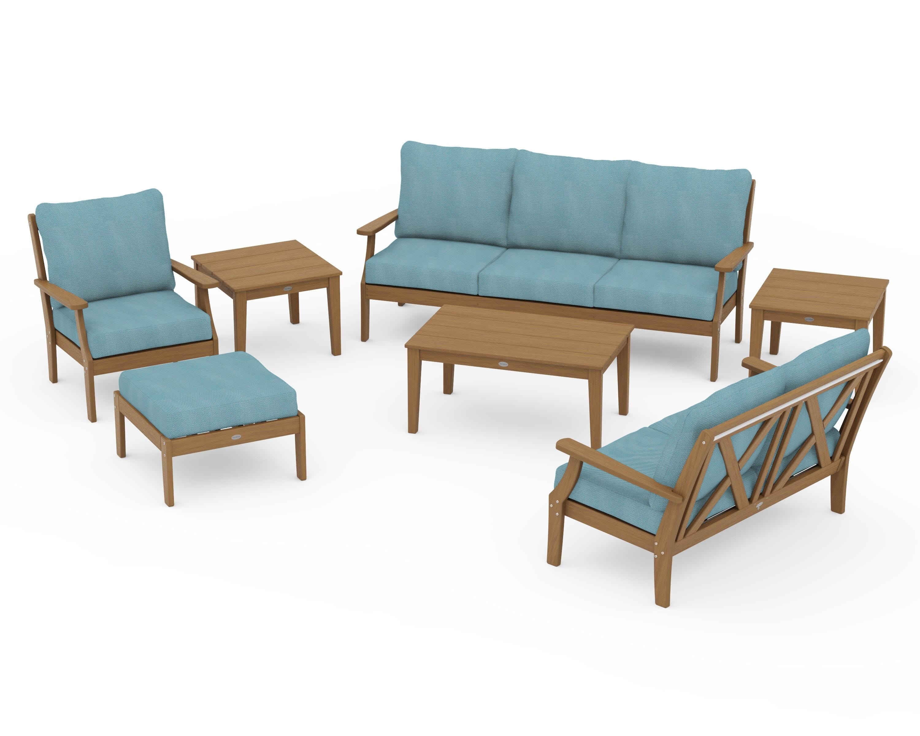 POLYWOOD Braxton 7-Piece Deep Seating Set in Natural / Lattice Sky Blue