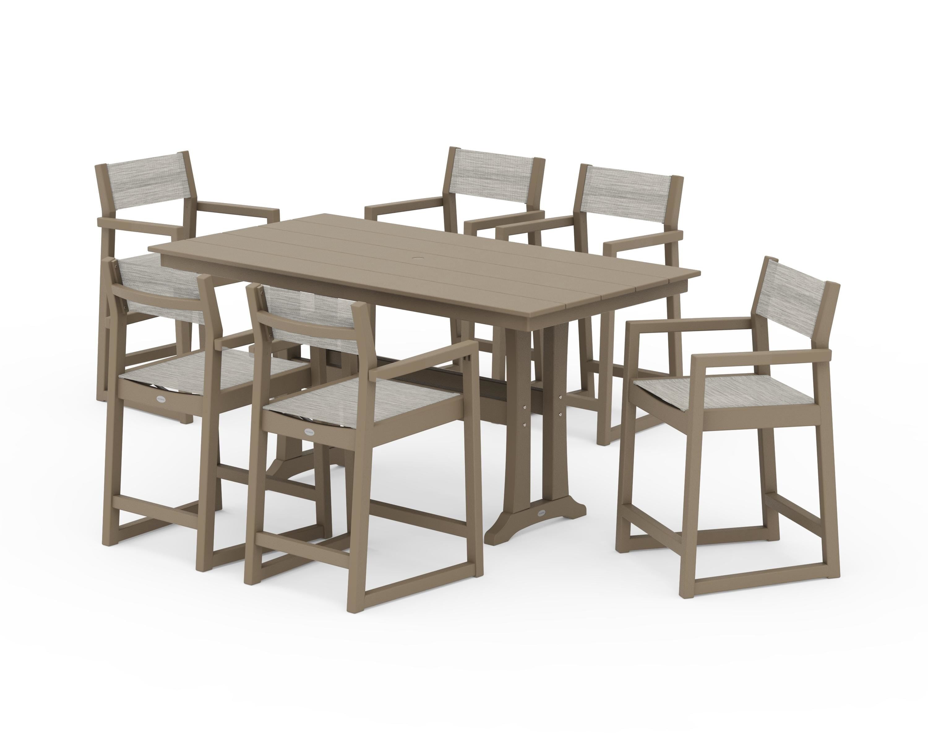 POLYWOOD EDGE Sling Arm Chair 7-Piece Farmhouse Counter Set with Trestle Legs in Vintage Sahara / Birch Sling