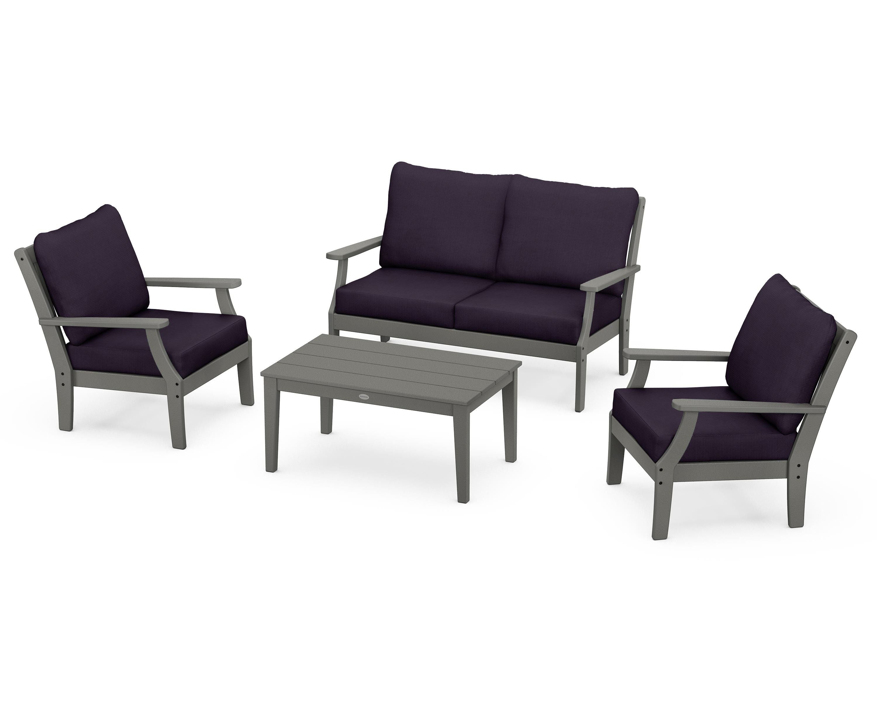 POLYWOOD Braxton 4-Piece Deep Seating Chair Set in Slate Grey / Navy Linen