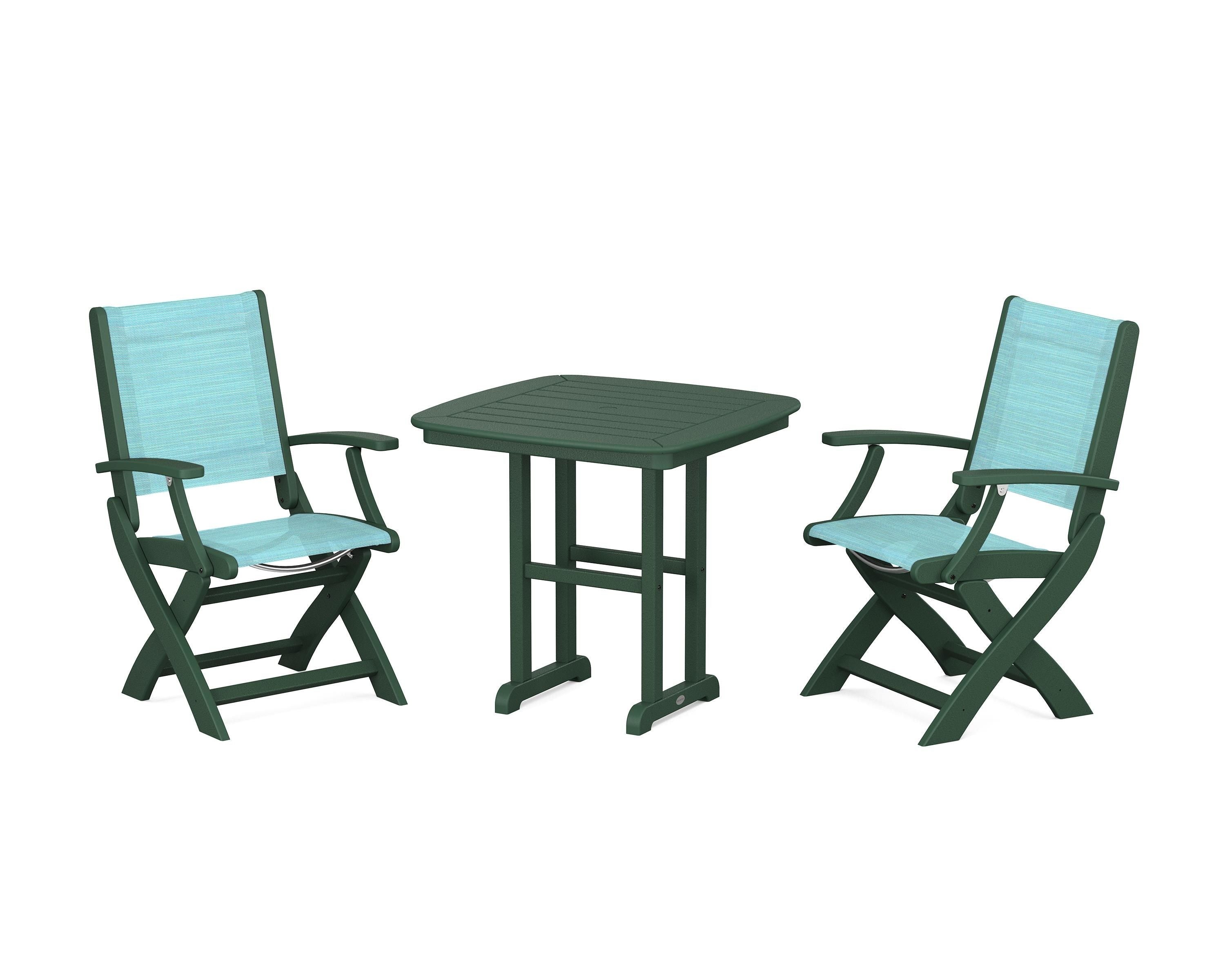 POLYWOOD Coastal Folding Chair 3-Piece Dining Set in Green / Dupioni Aquamarine Sling