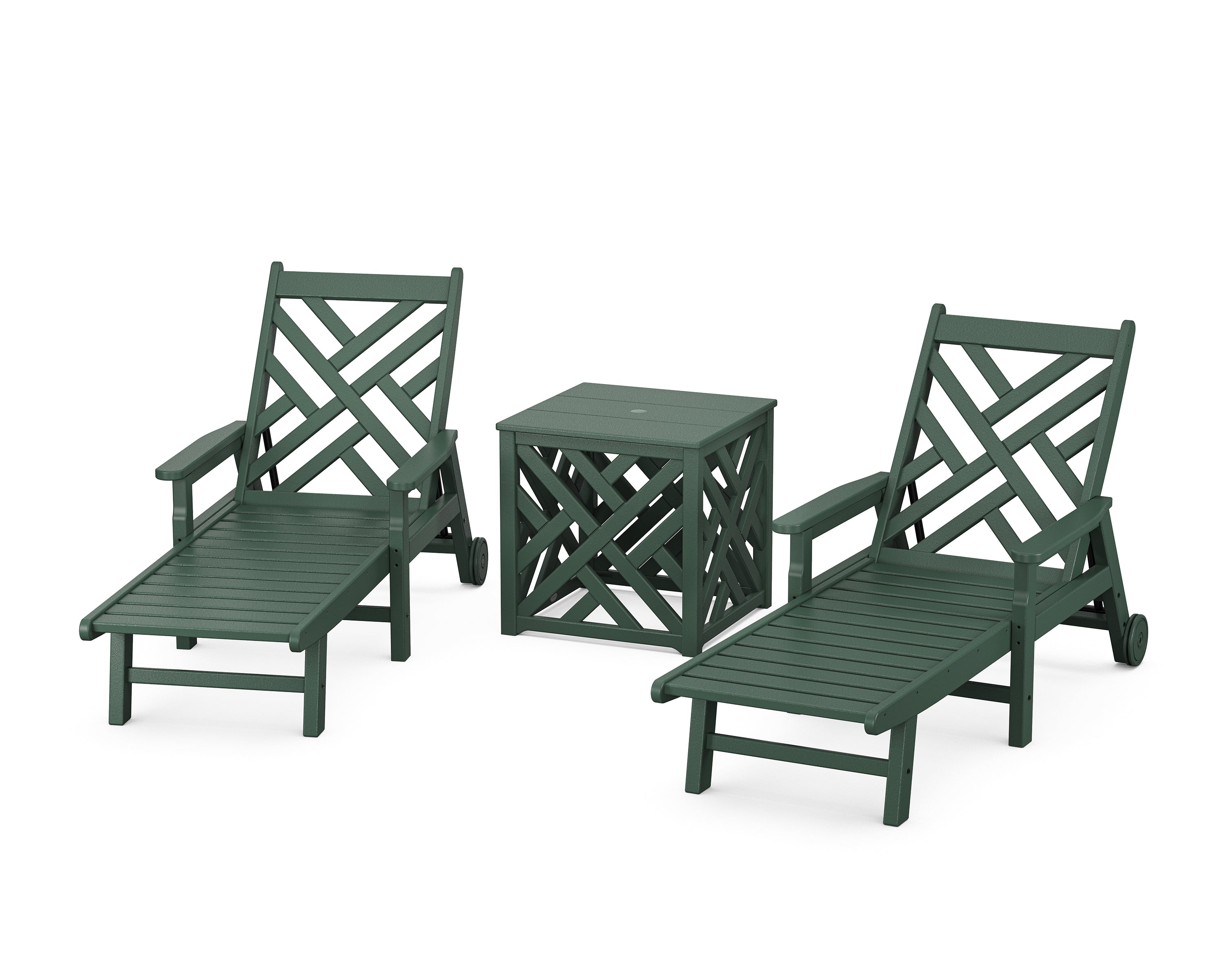 POLYWOOD Chippendale 3-Piece Chaise Set with Umbrella Stand Accent Table in Green