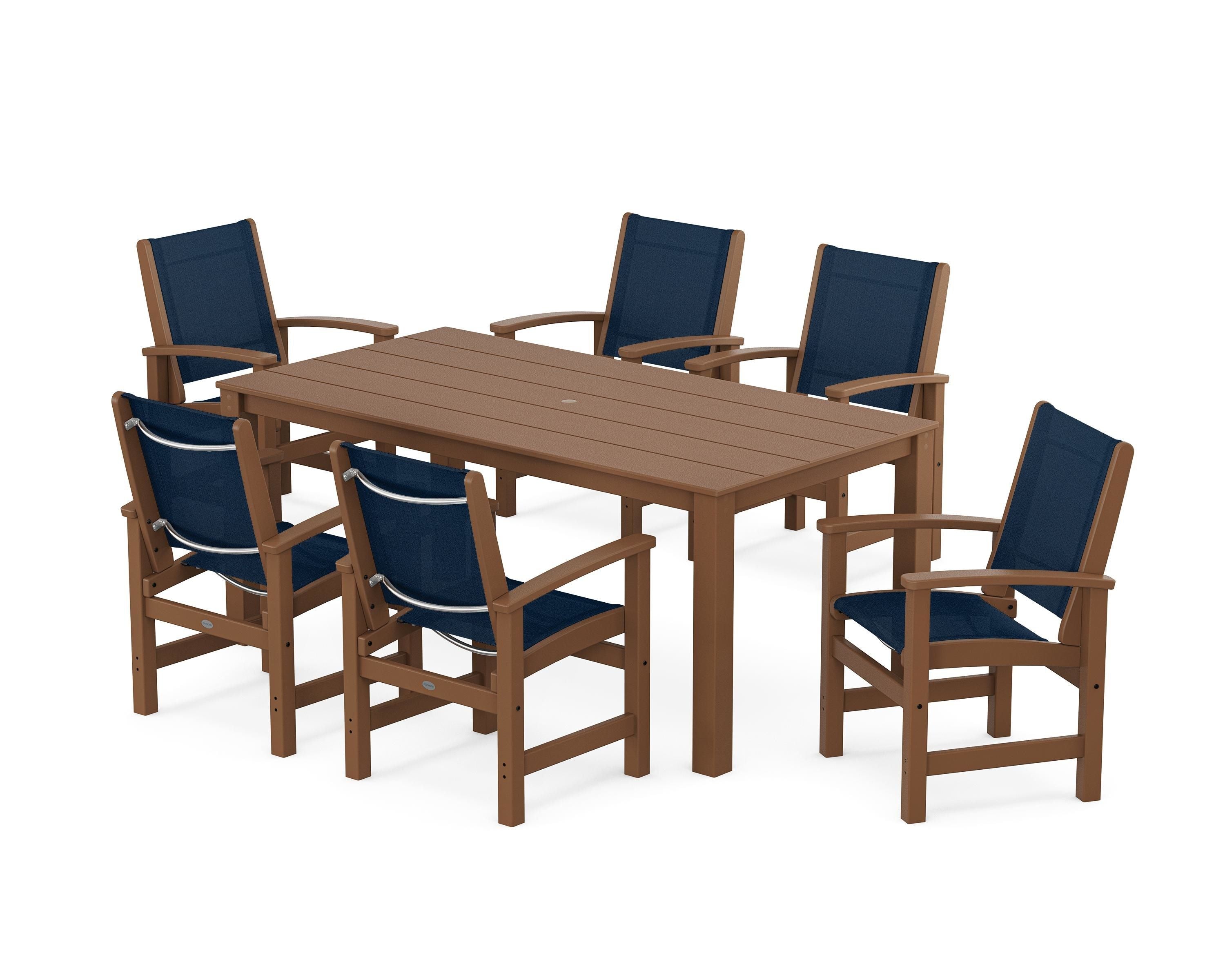 POLYWOOD Coastal 7-Piece Parsons Dining Set in Teak / Navy Blue Sling