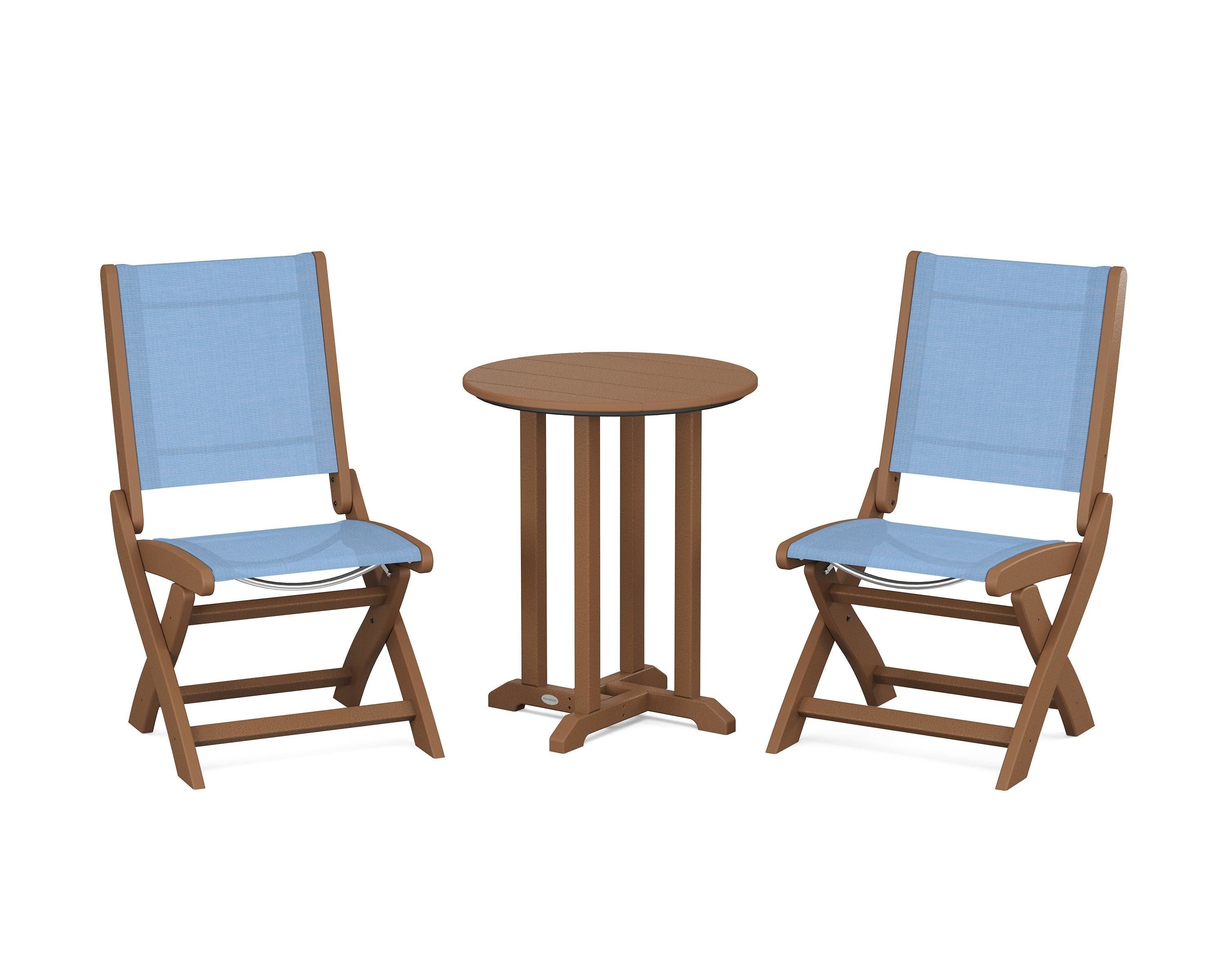 POLYWOOD Coastal Folding Side Chair 3-Piece Round Bistro Dining Set in Teak / Poolside Sling