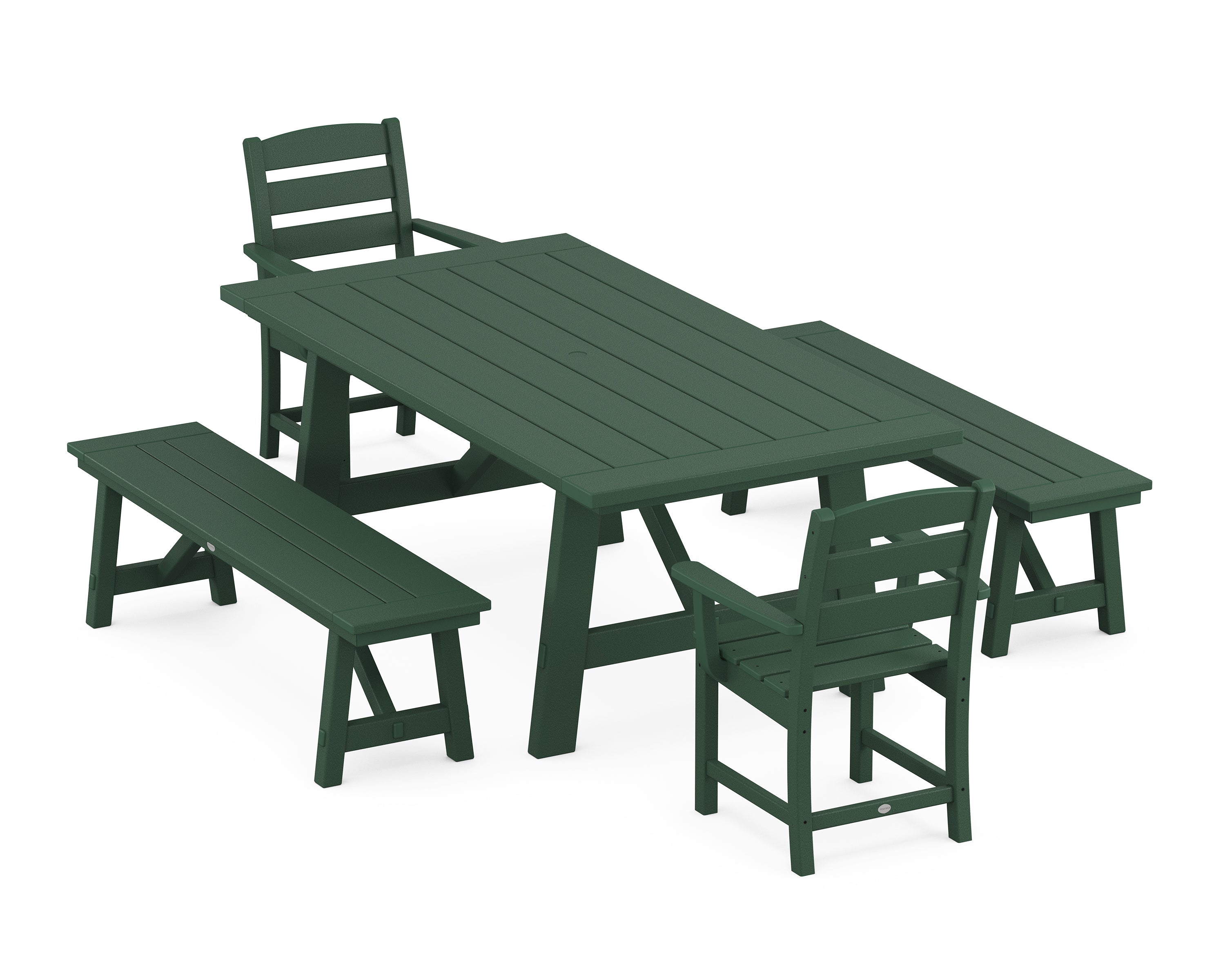 POLYWOOD® Lakeside 5-Piece Rustic Farmhouse Dining Set With Benches in Green