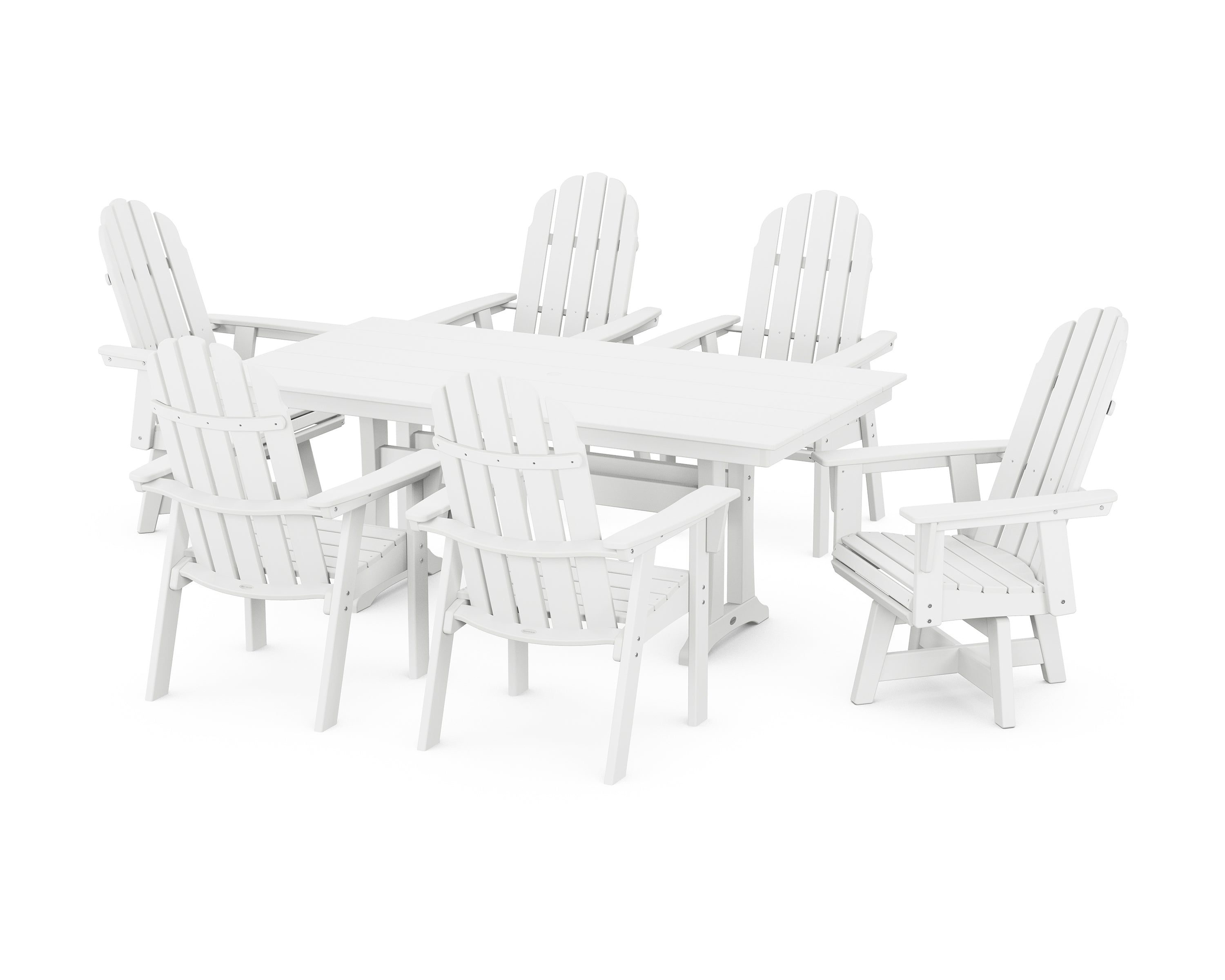 POLYWOOD® Vineyard Curveback Adirondack Swivel Chair 7-Piece Farmhouse Dining Set with Trestle Legs in White