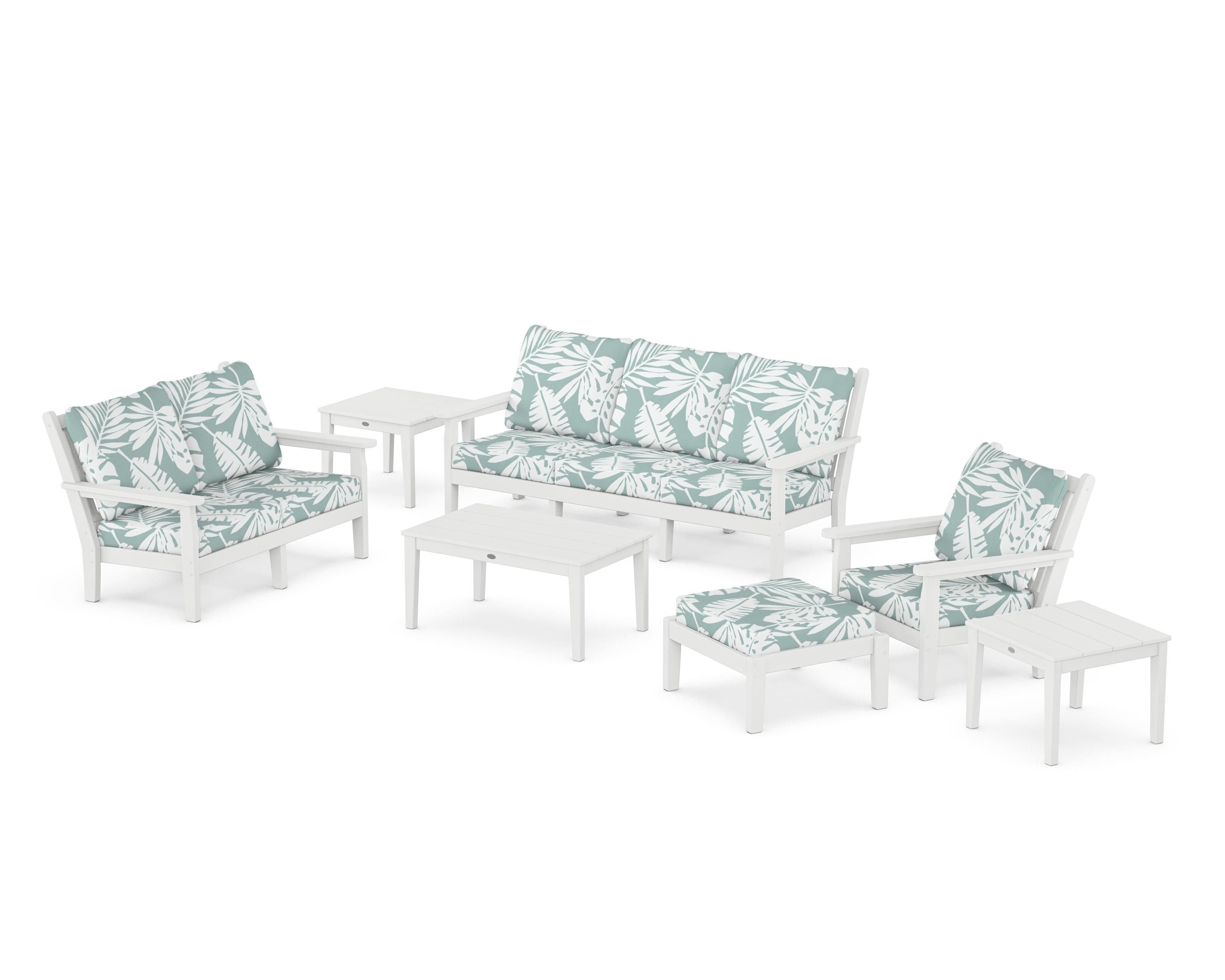 POLYWOOD Chippendale 7-Piece Deep Seating Set in White / Leaf Glacier Spa