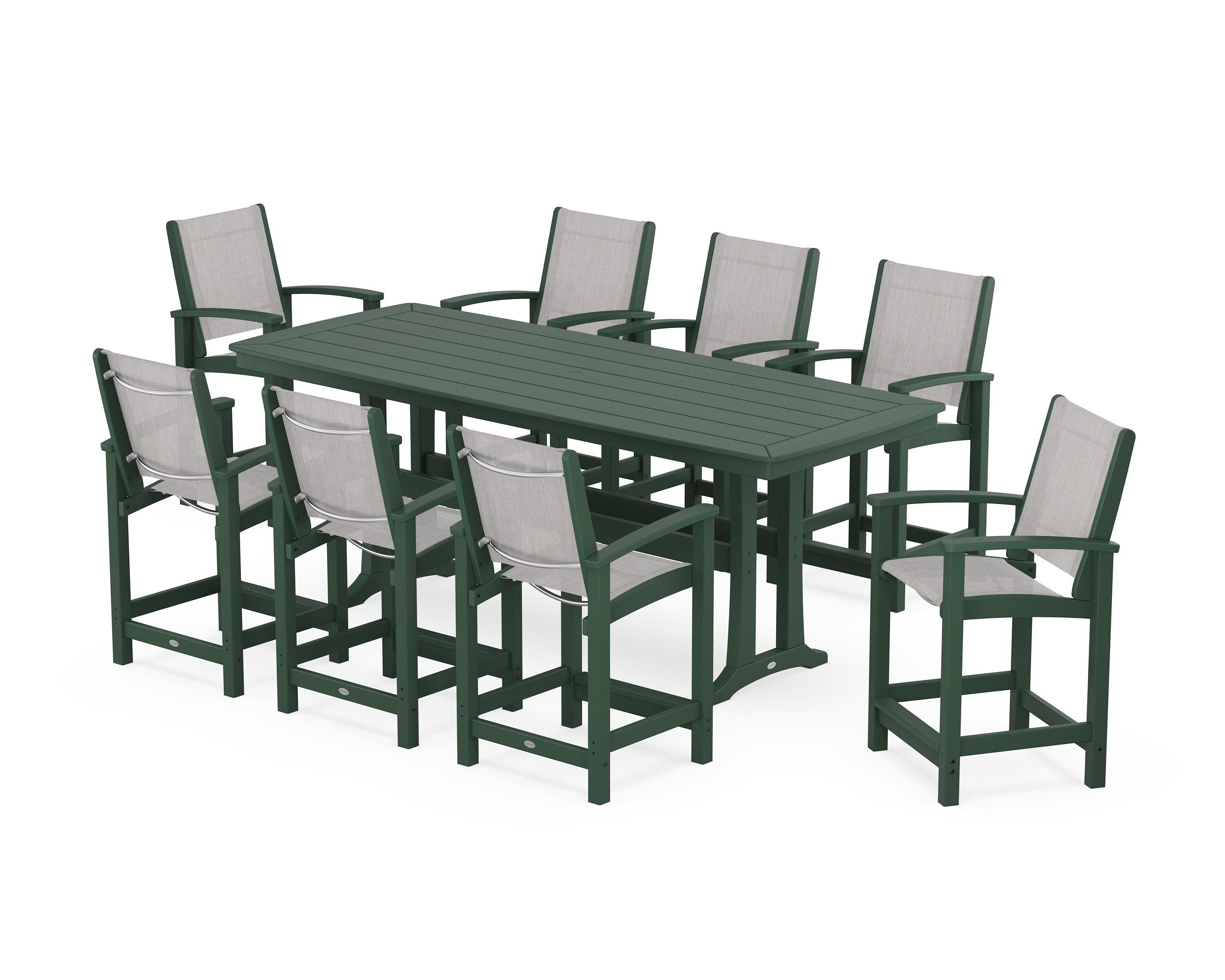 POLYWOOD Coastal 9-Piece Counter Set with Trestle Legs in Green / Parchment Sling