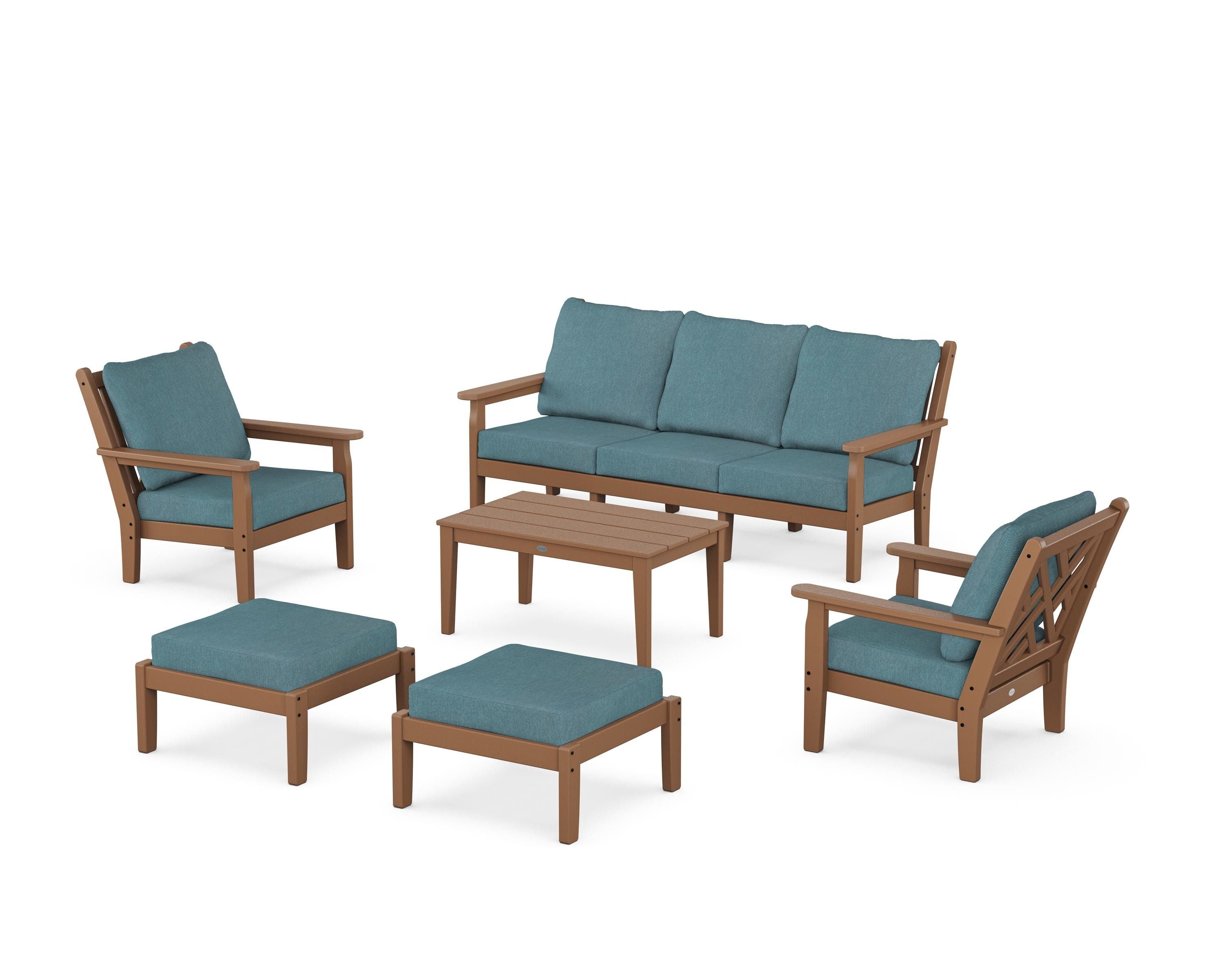 POLYWOOD Chippendale 6-Piece Lounge Sofa Set in Teak / Ocean Teal