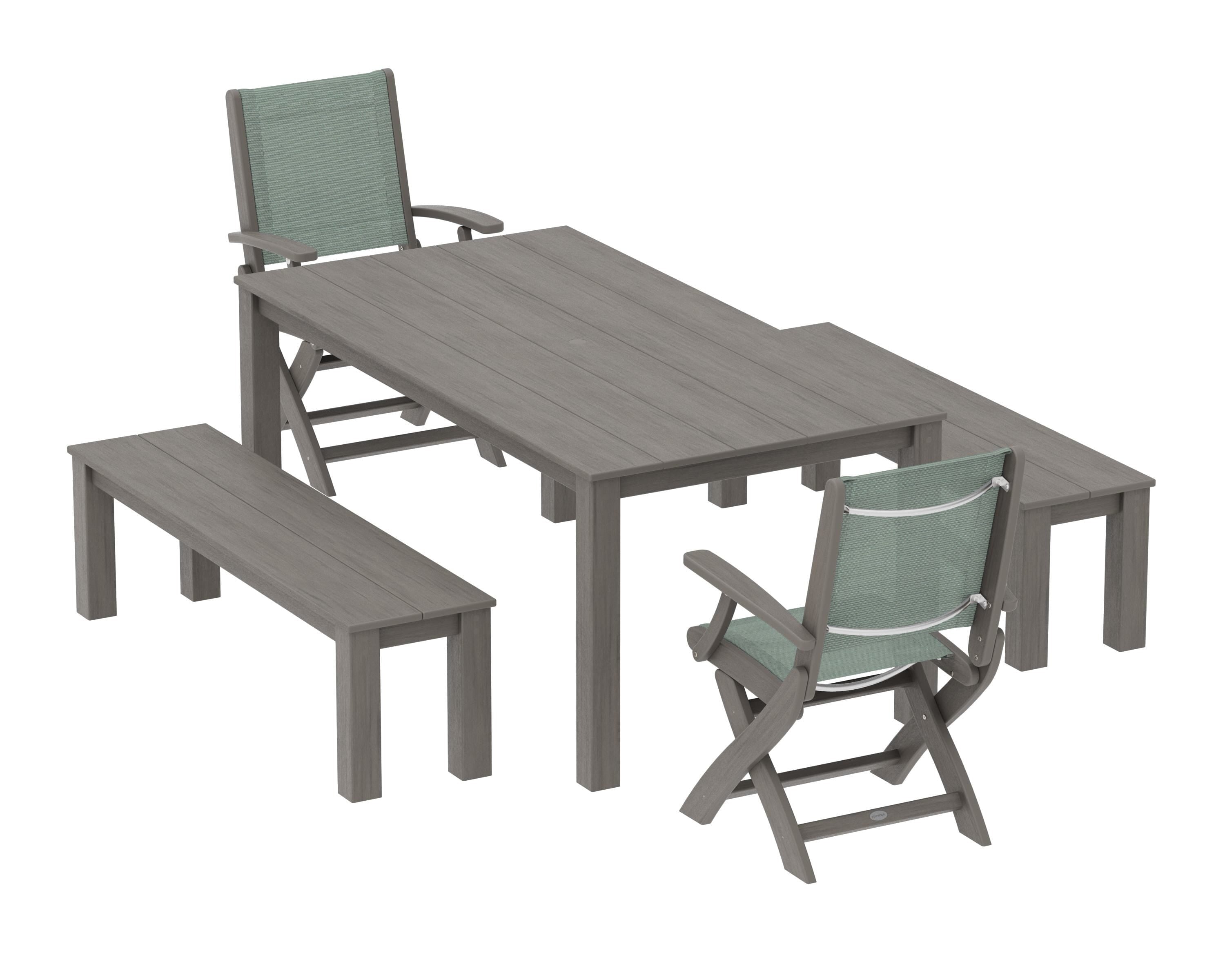 POLYWOOD Coastal Folding Chair 5-Piece Parsons Dining Set with Benches in Driftwood / Dupioni Sea Mist Sling
