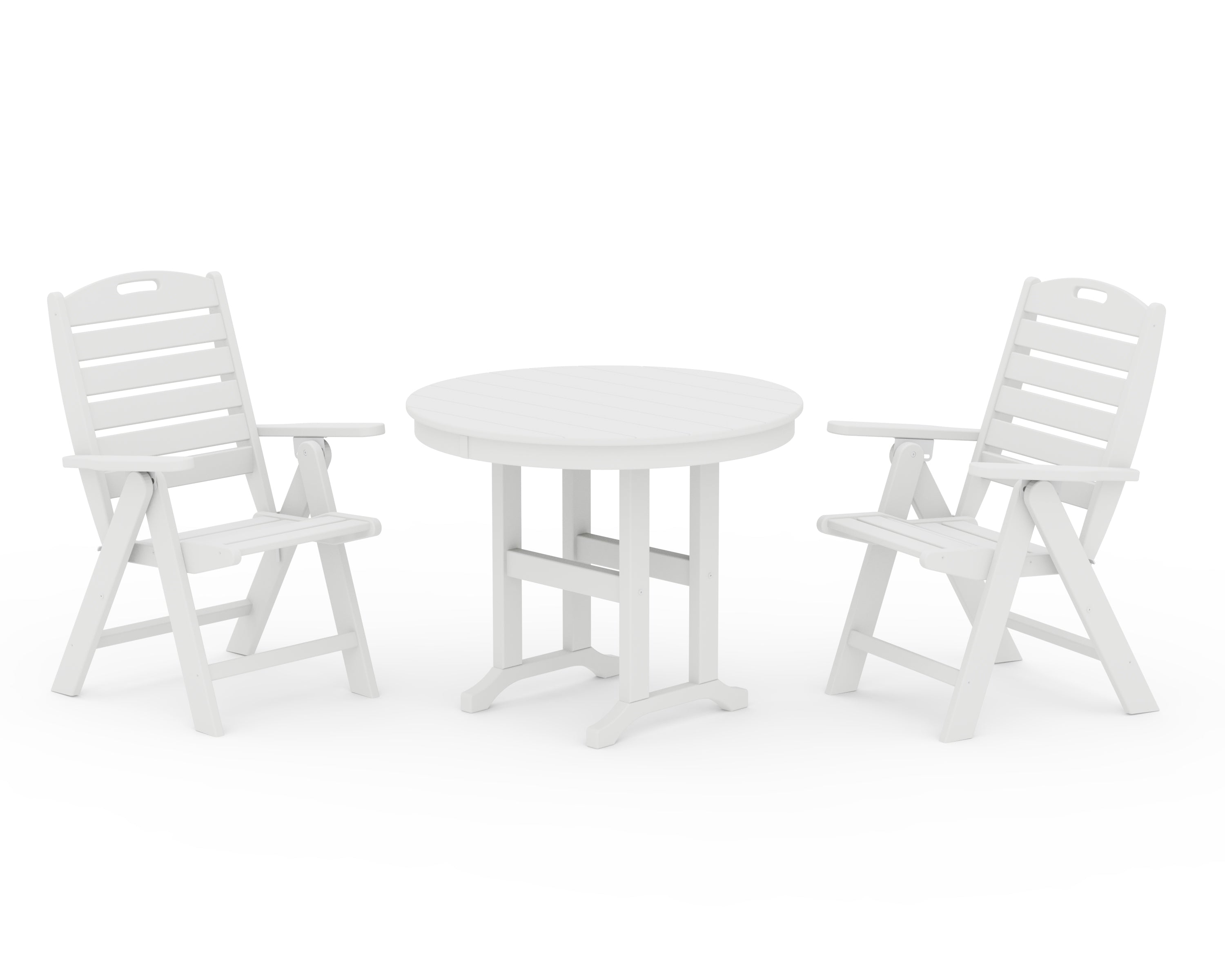 POLYWOOD Nautical Folding Highback Chair 3-Piece Round Dining Set in White
