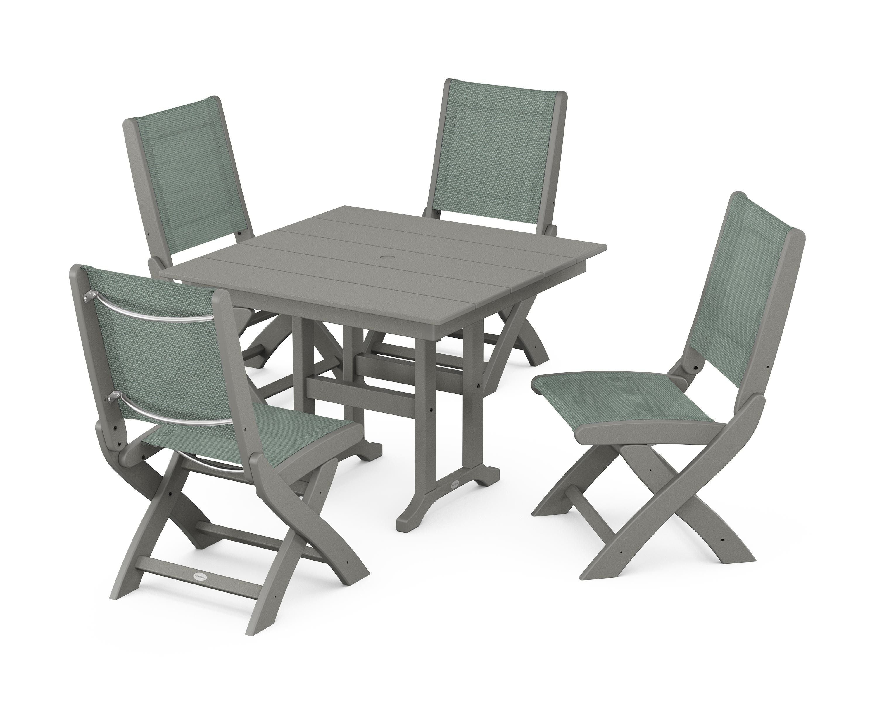 POLYWOOD Coastal Folding Side Chair 5-Piece Farmhouse Dining Set in Slate Grey / Dupioni Sea Mist Sling