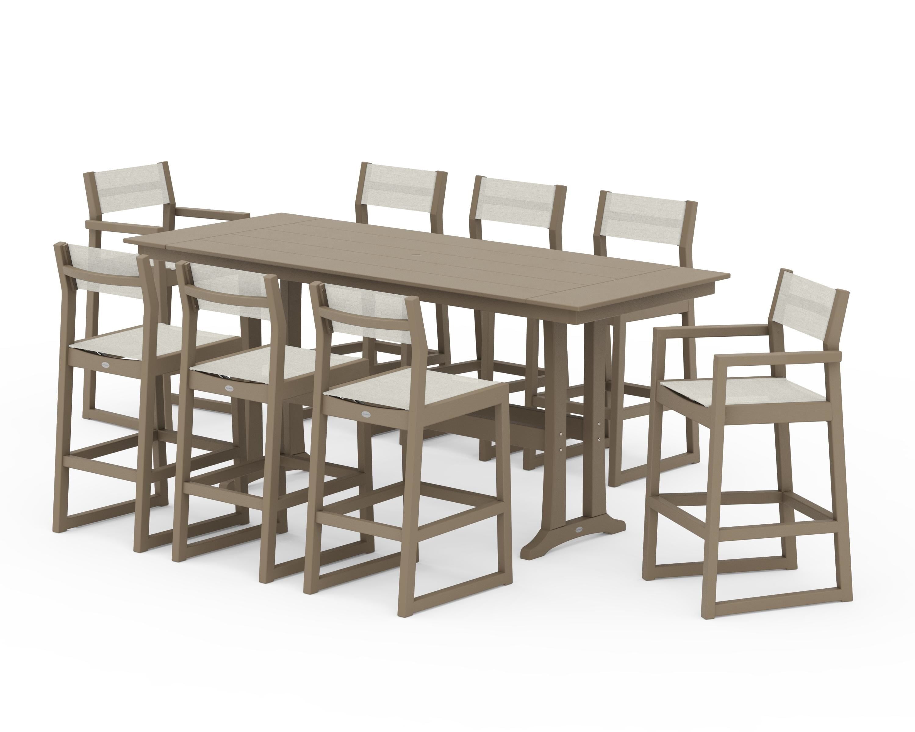 POLYWOOD EDGE Sling 9-Piece Farmhouse Bar Set with Trestle Legs in Vintage Sahara / Parchment Sling