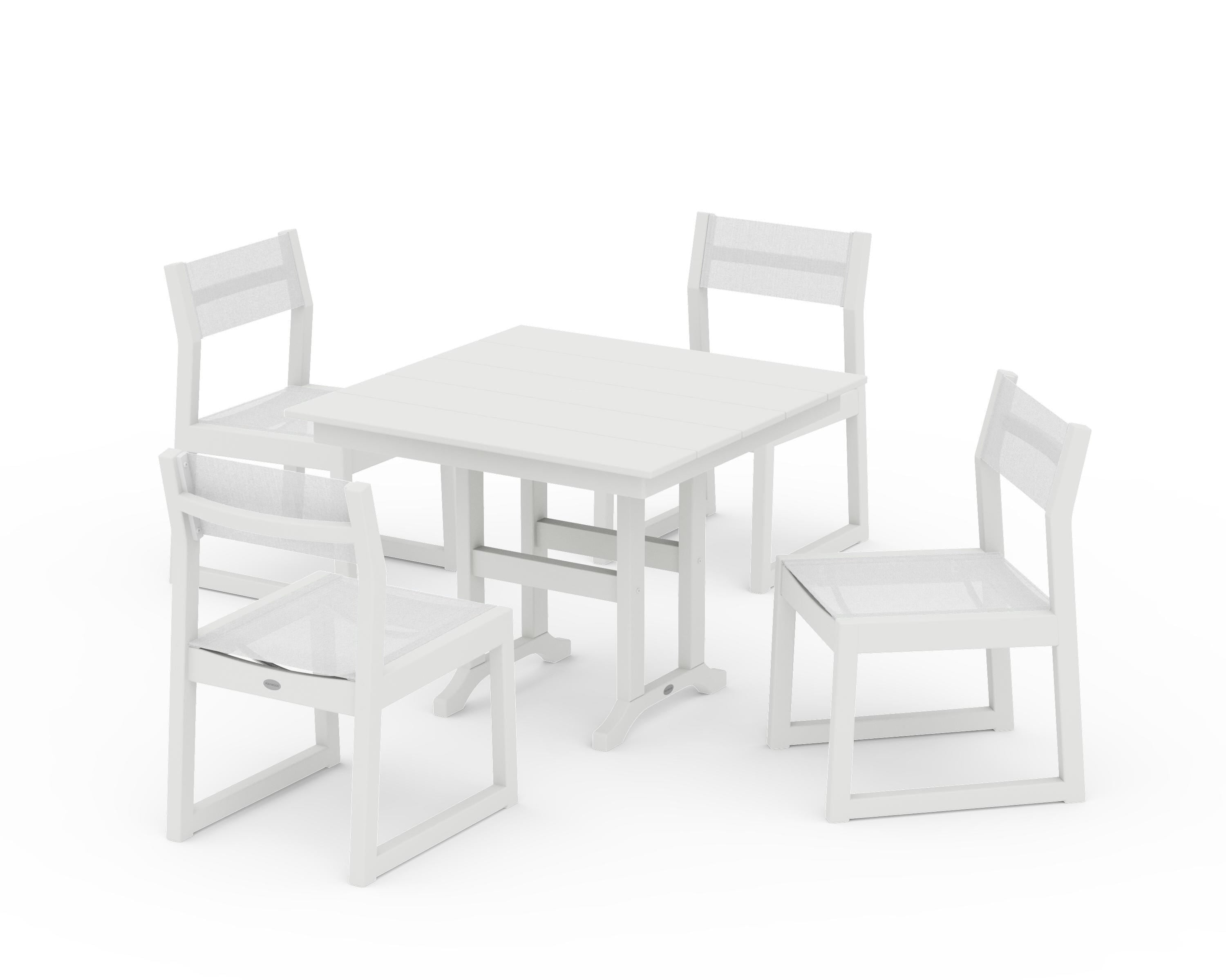POLYWOOD EDGE Sling Side Chair 5-Piece Farmhouse Dining Set in Vintage White / White Sling
