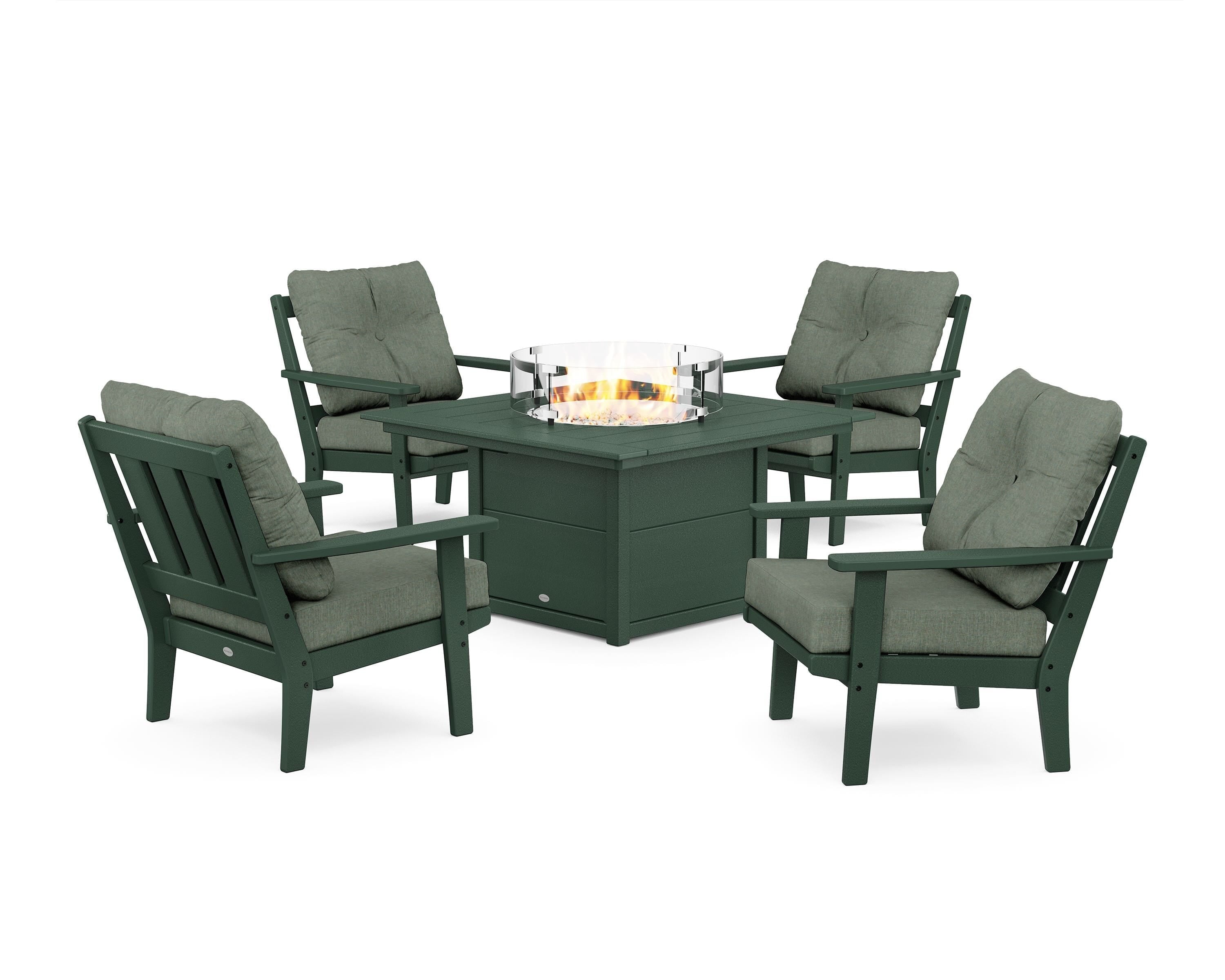 POLYWOOD Oxford 5-Piece Deep Seating Set with Fire Pit Table in Green / Cast Sage