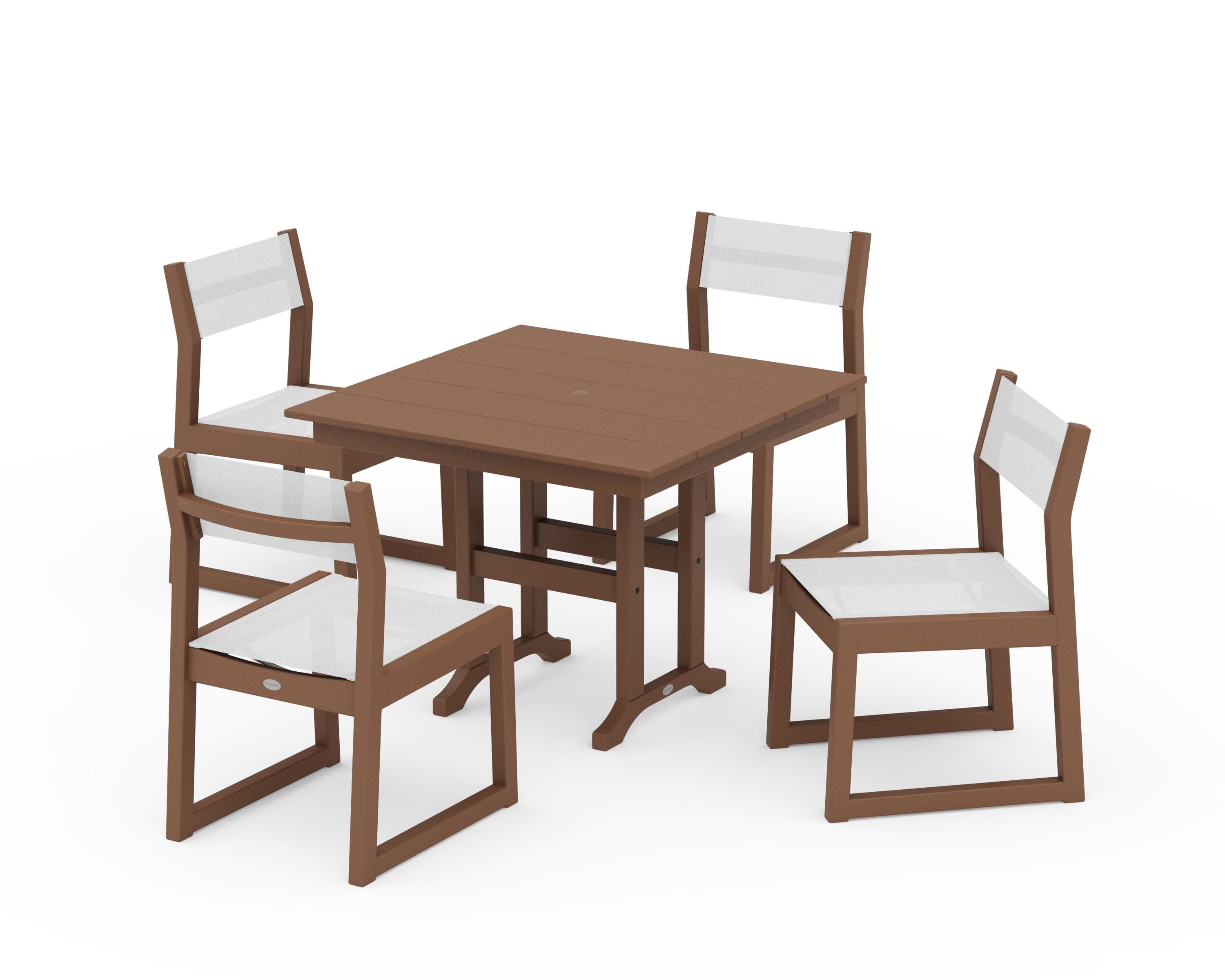 POLYWOOD EDGE Sling Side Chair 5-Piece Farmhouse Dining Set in Teak / White Sling