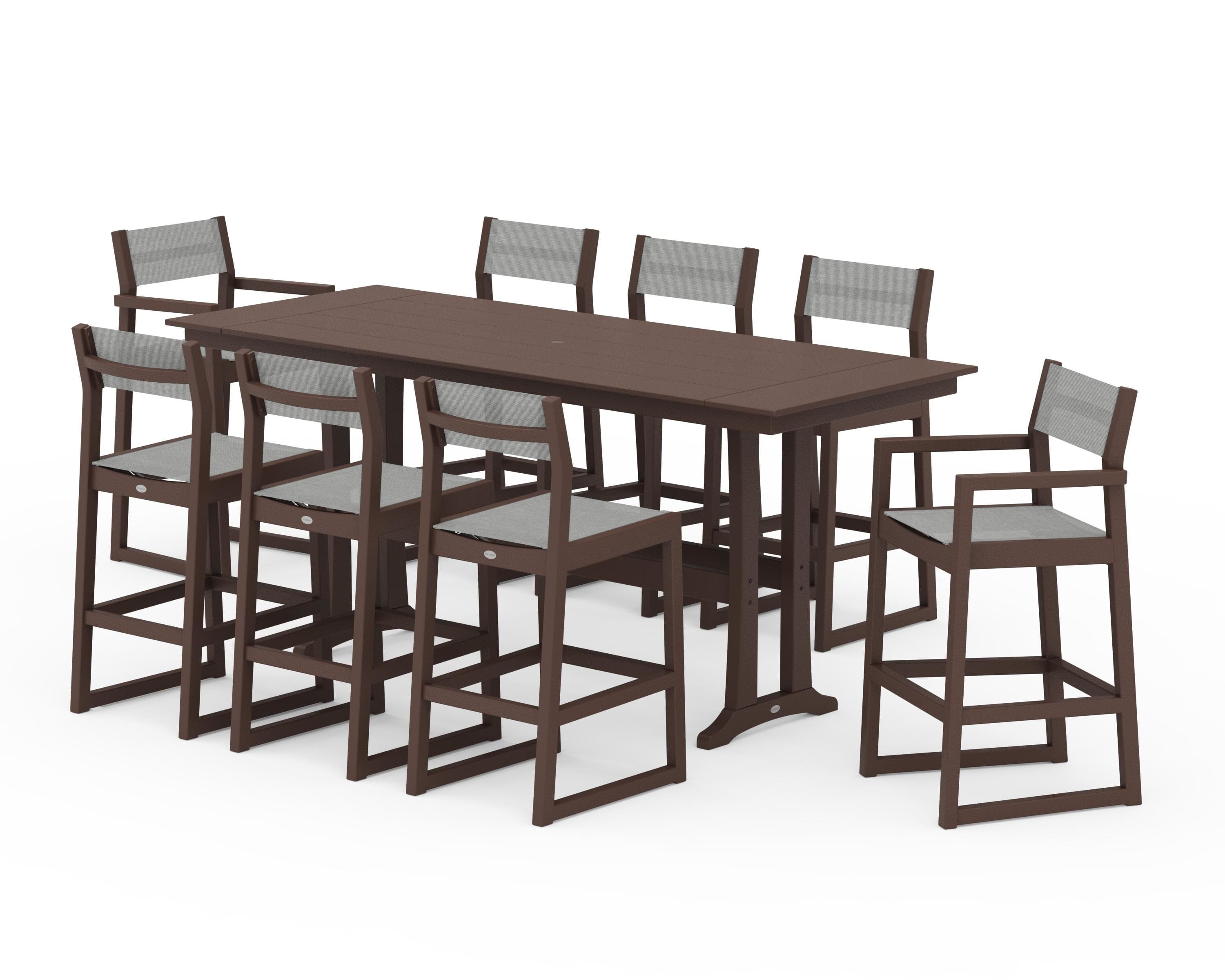 POLYWOOD EDGE Sling 9-Piece Farmhouse Bar Set with Trestle Legs in Mahogany / Metallic Sling
