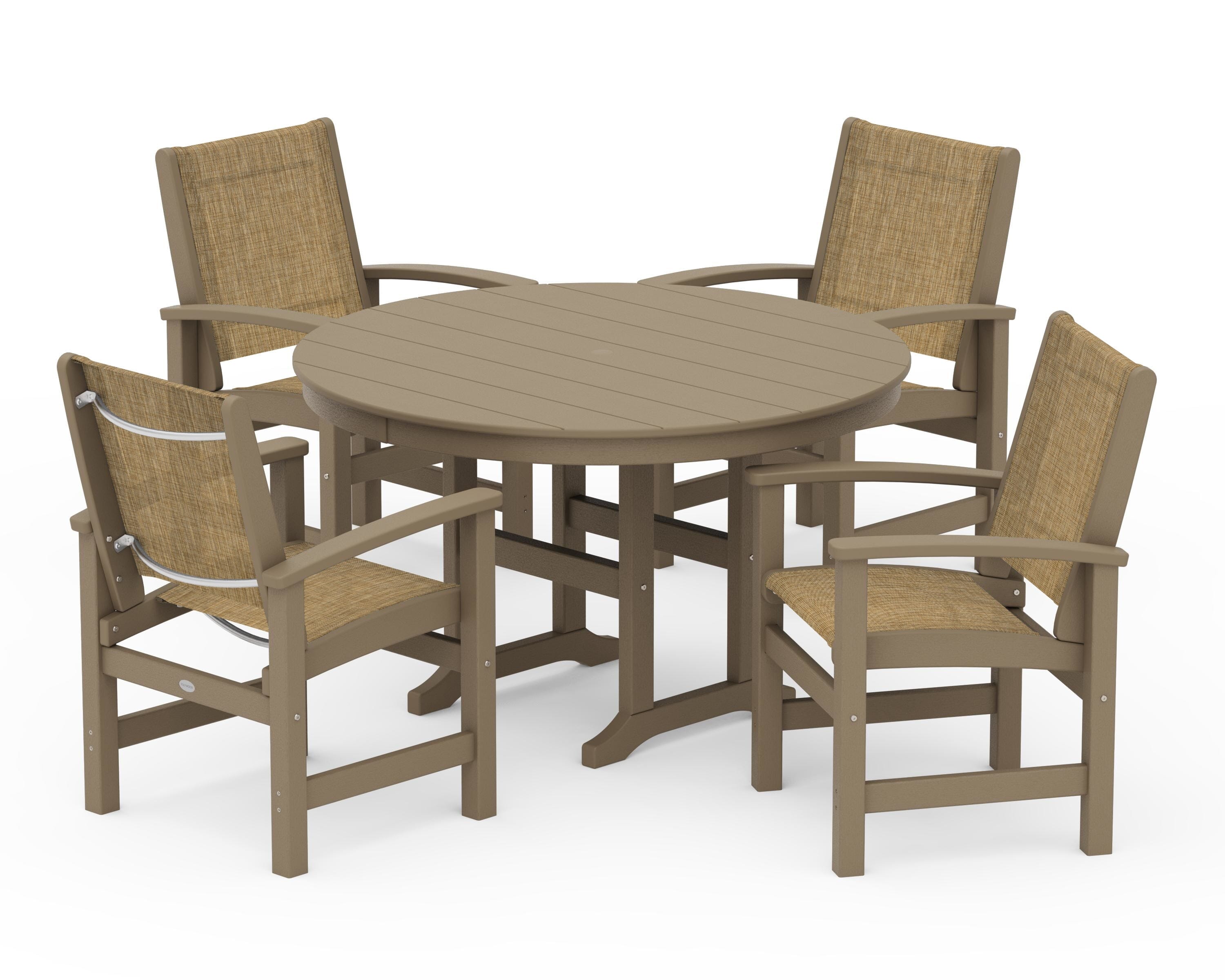POLYWOOD Coastal 5-Piece Round Farmhouse Dining Set in Vintage Sahara / Burlap Sling