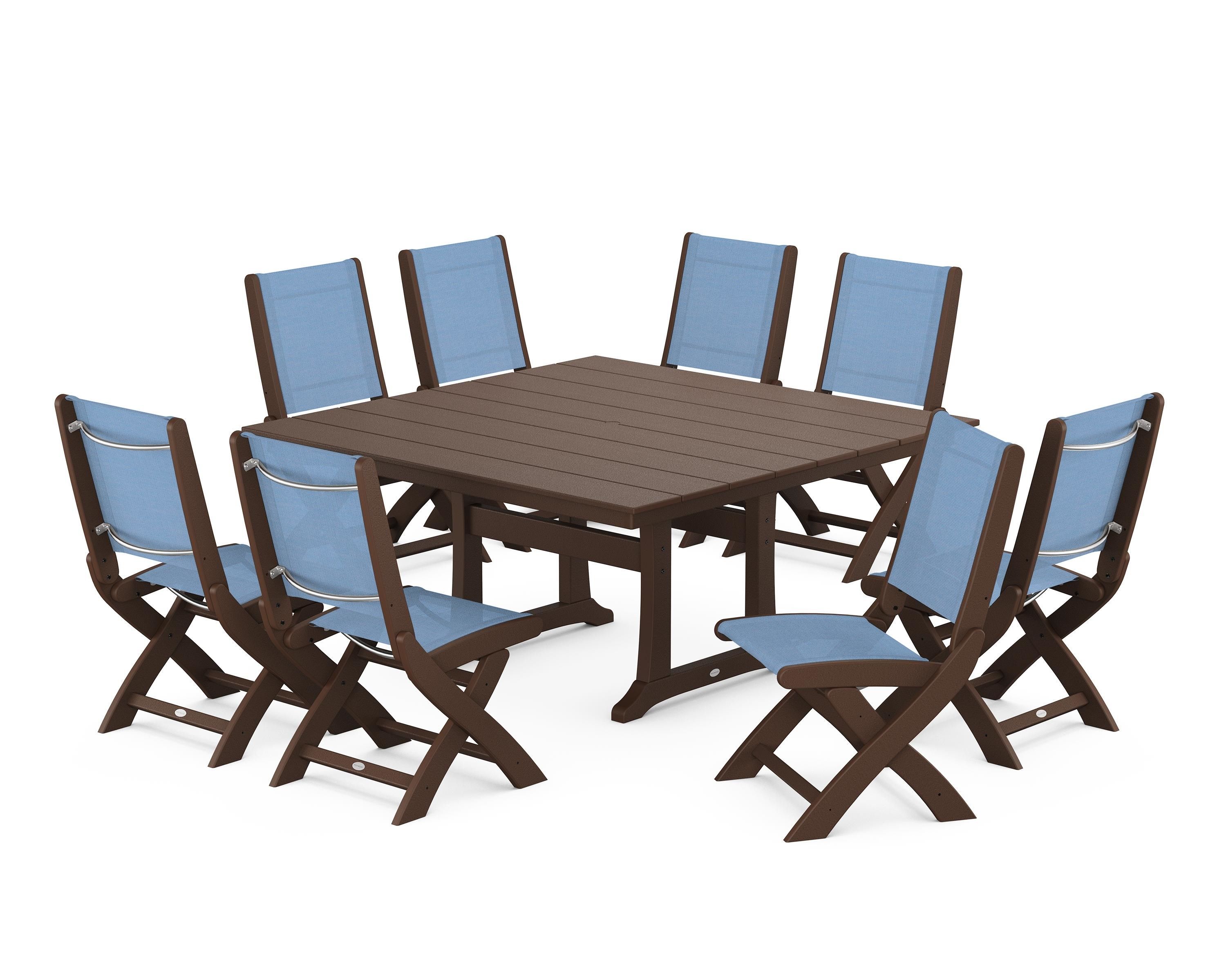 POLYWOOD Coastal Folding Side Chair 9-Piece Farmhouse Dining Set in Mahogany / Poolside Sling