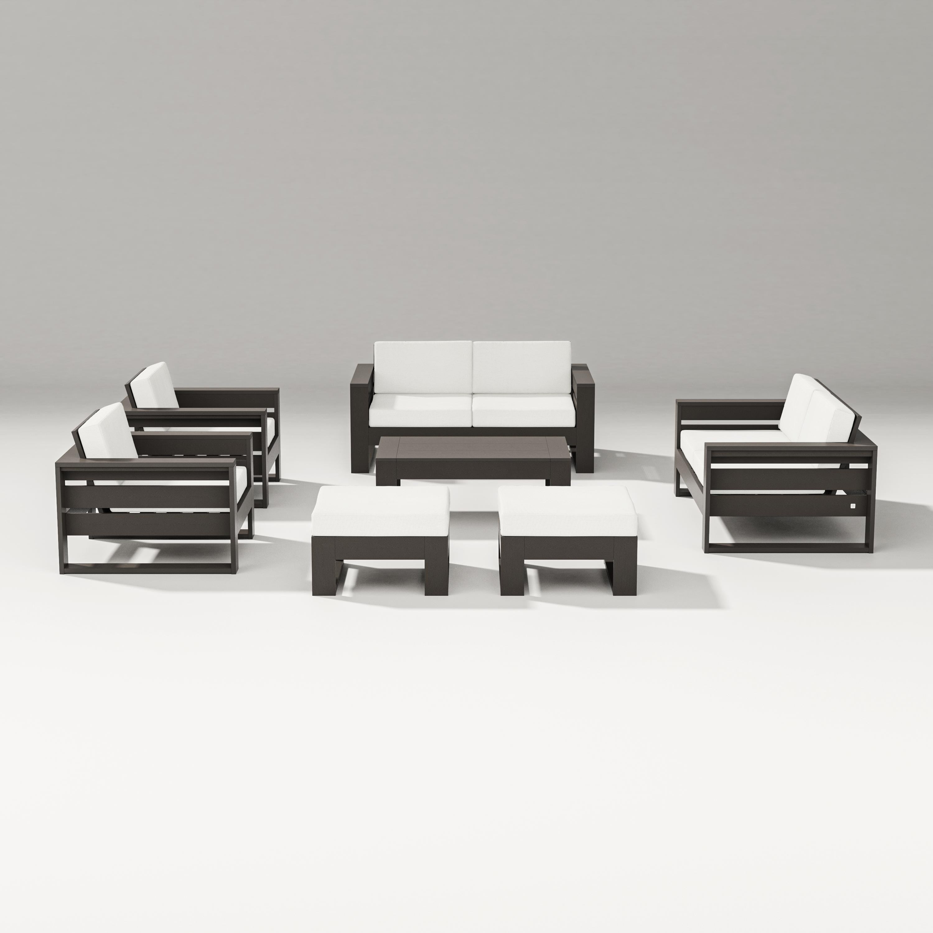 PW Designer Series Latitude 7-Piece Lounge Loveseat Set in Vintage Coffee / Natural Linen