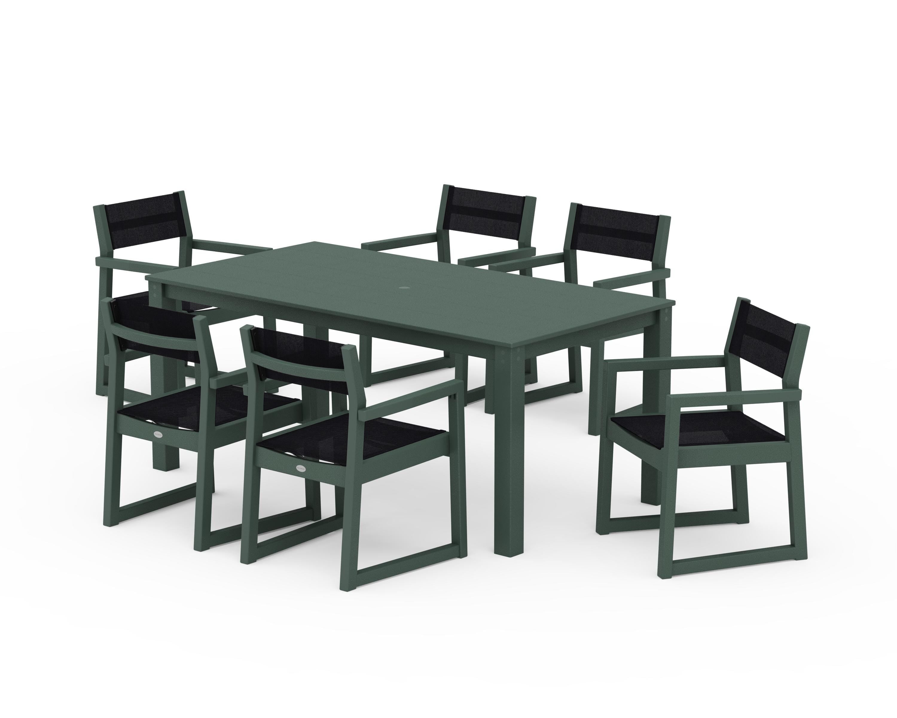 POLYWOOD EDGE Sling Arm Chair 7-Piece Parsons Dining Set in Green / Black Sling