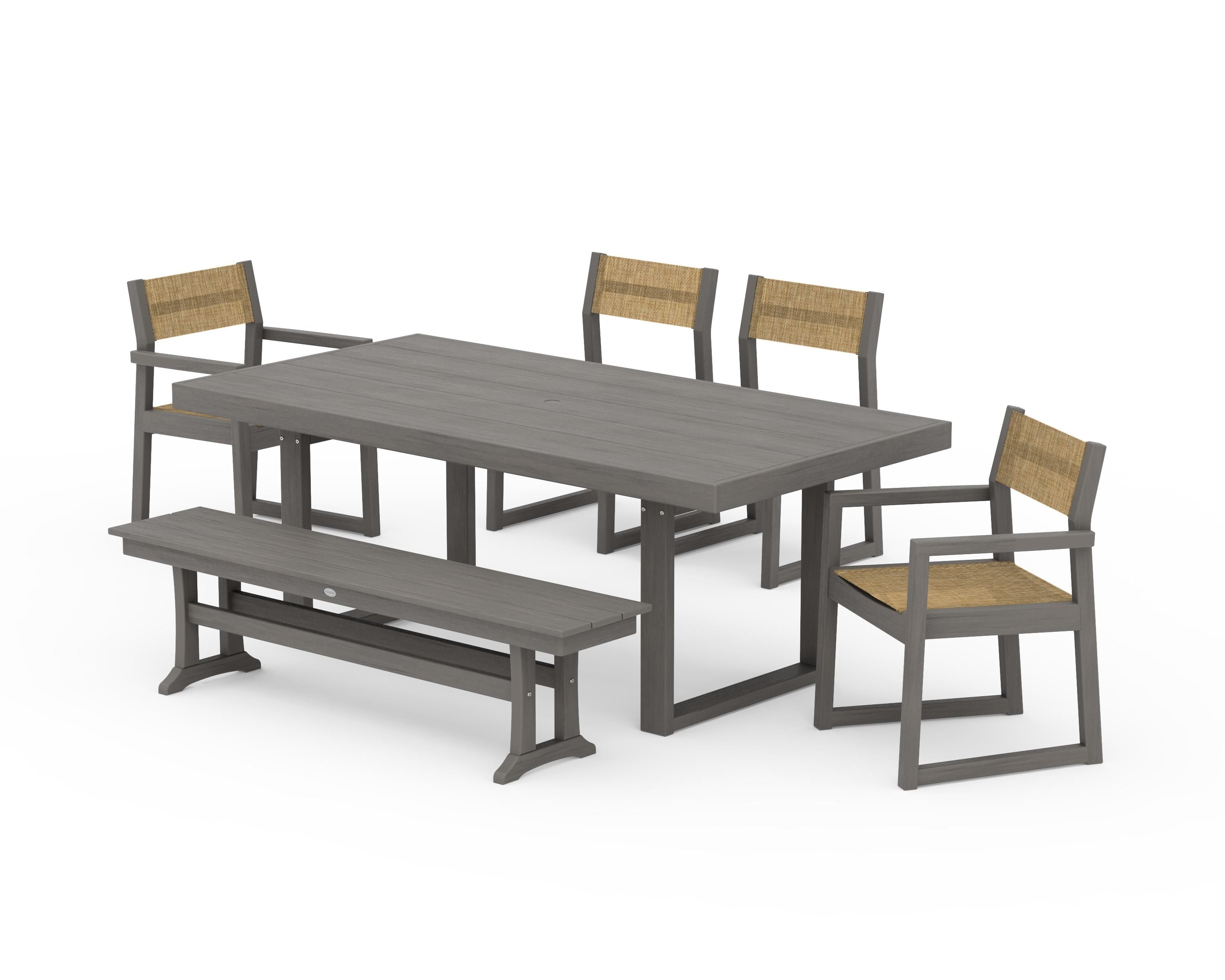 POLYWOOD EDGE Sling 6-Piece Dining Set with Bench in Driftwood / Burlap Sling