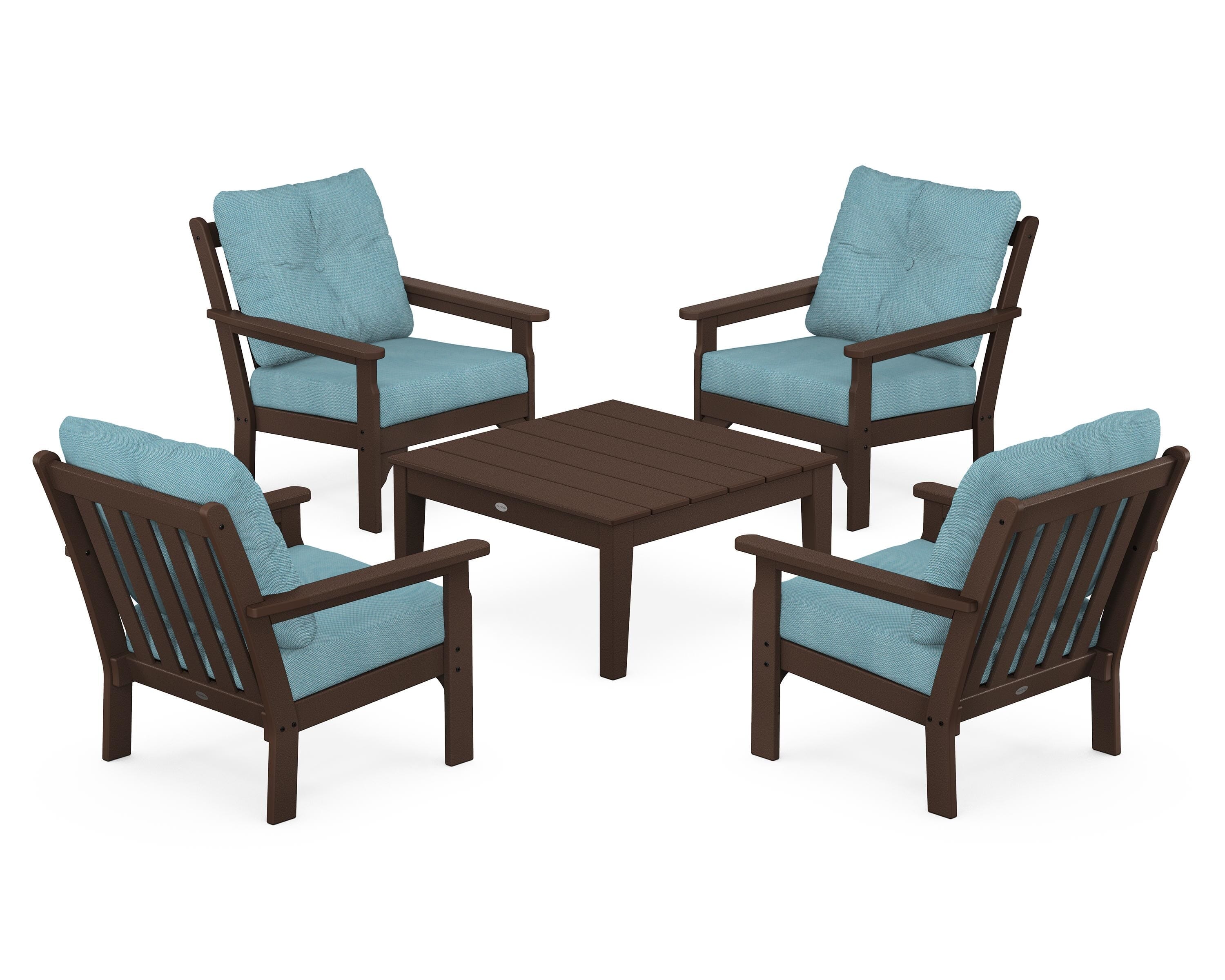 POLYWOOD Vineyard 5-Piece Deep Seating Conversation Set in Mahogany / Lattice Sky Blue