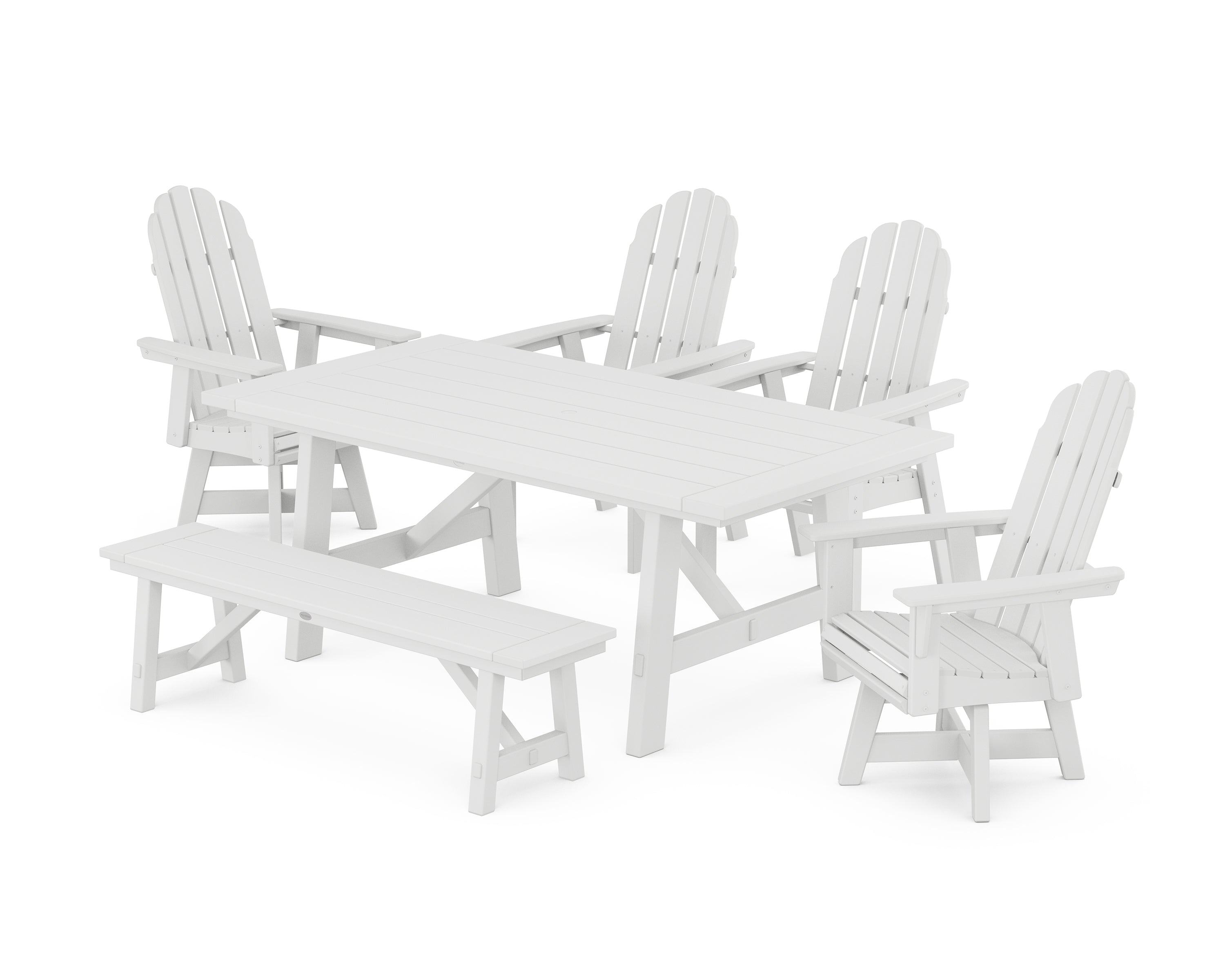 POLYWOOD® Vineyard Curveback Adirondack Swivel Chair 6-Piece Rustic Farmhouse Dining Set With Bench in White