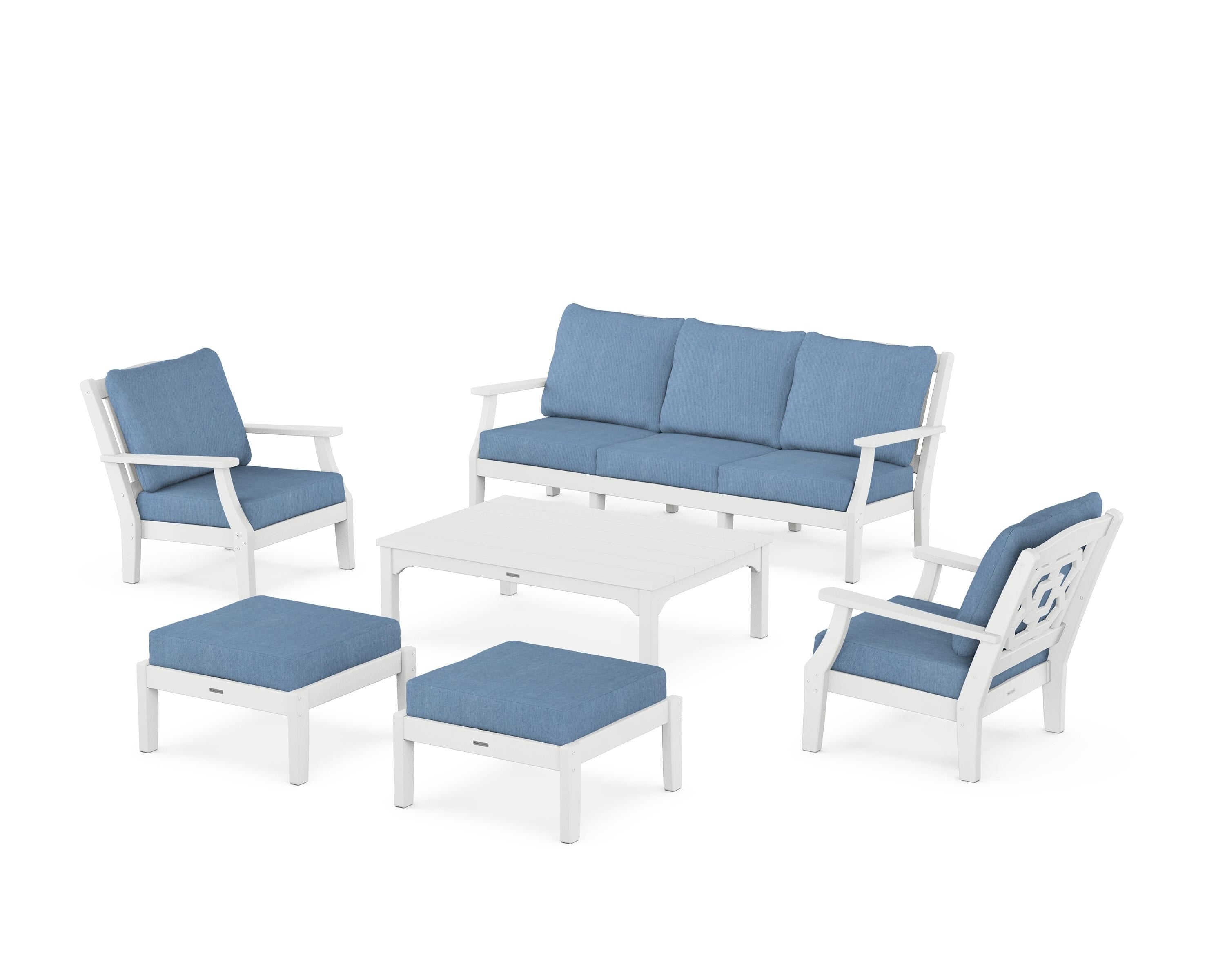 Martha Stewart by POLYWOOD Chinoiserie 6-Piece Lounge Sofa Set in White / Sky Blue