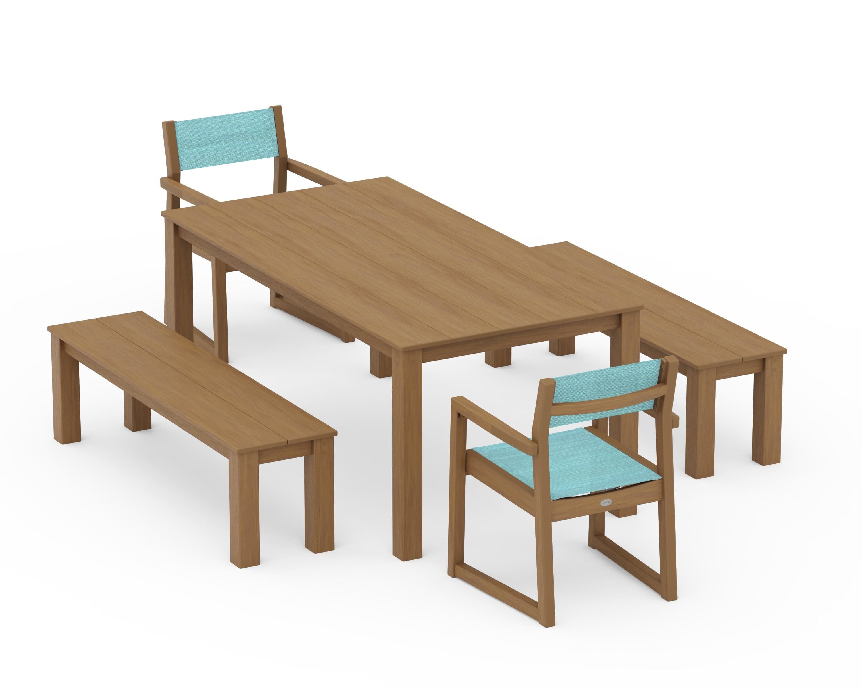 POLYWOOD EDGE Sling Arm Chair 5-Piece Parsons Dining Set with Benches in Natural / Dupioni Aquamarine Sling