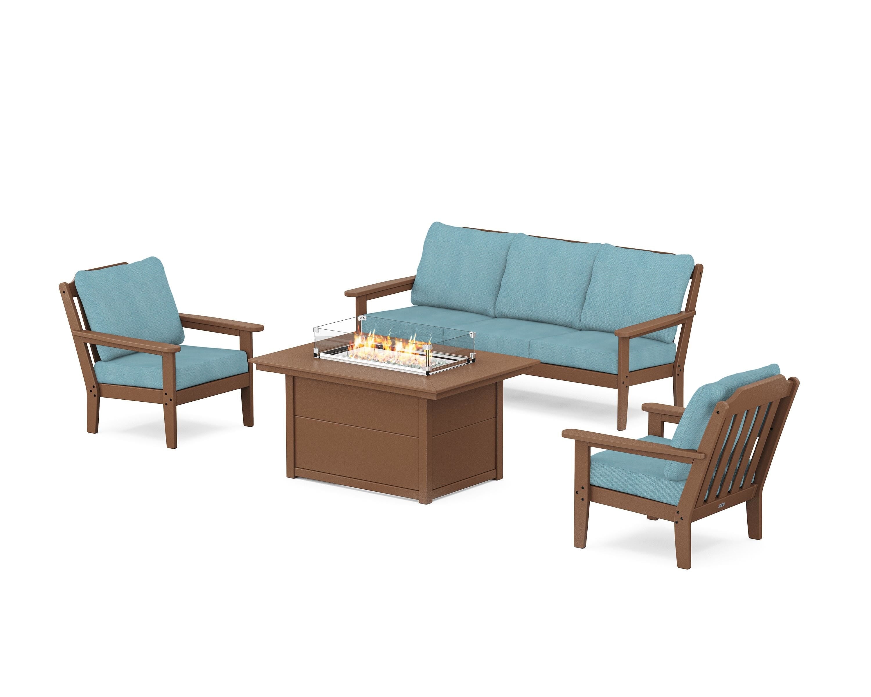 Country Living Cottage Deep Seating Fire Pit Table Set in Teak / Lattice Sky Blue