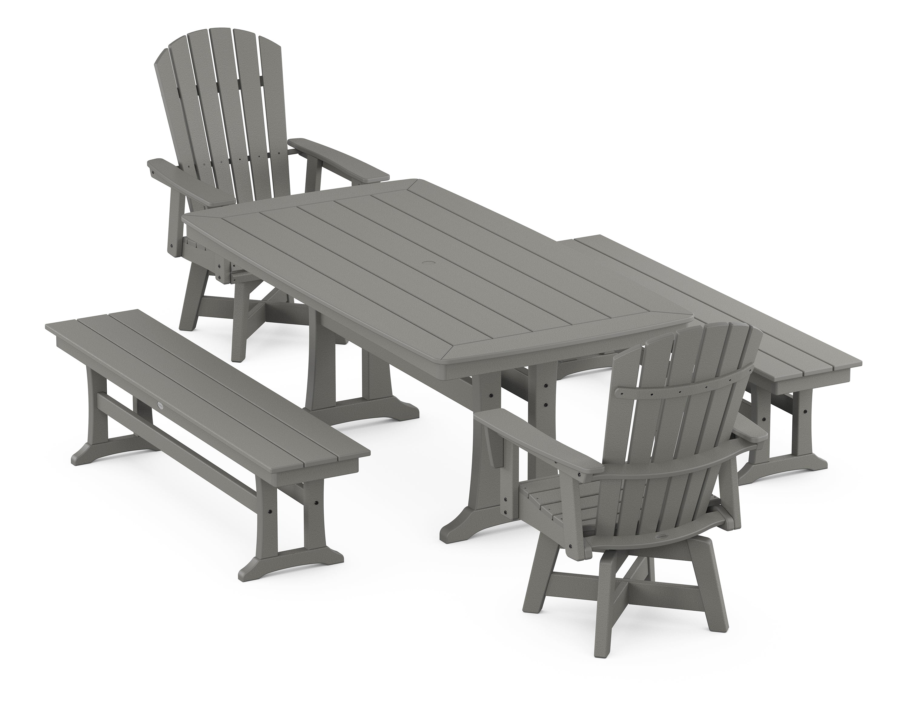 POLYWOOD® Nautical Curveback Adirondack Swivel Chair 5-Piece Dining Set with Trestle Legs and Benches in Slate Grey