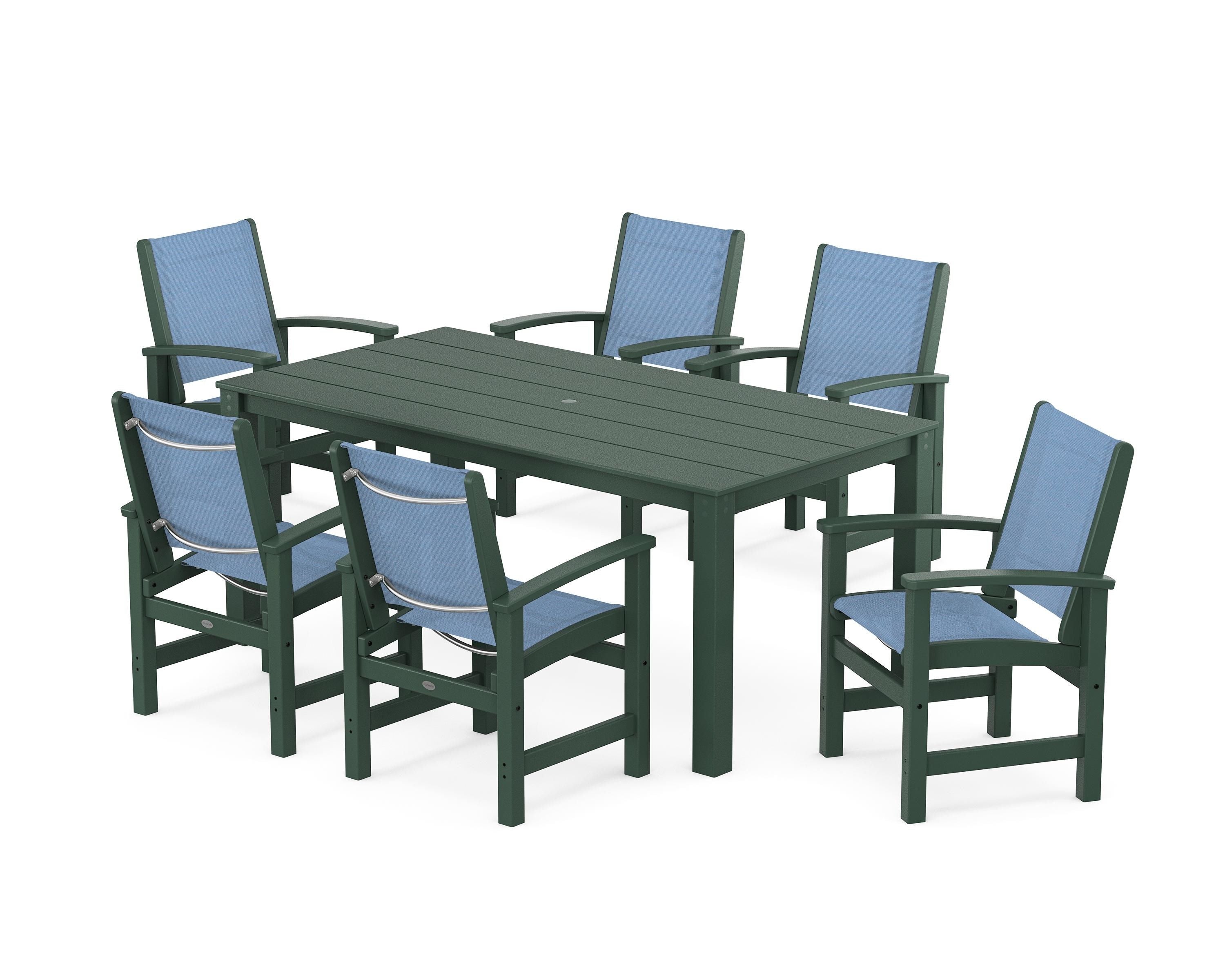 POLYWOOD Coastal 7-Piece Parsons Dining Set in Green / Poolside Sling