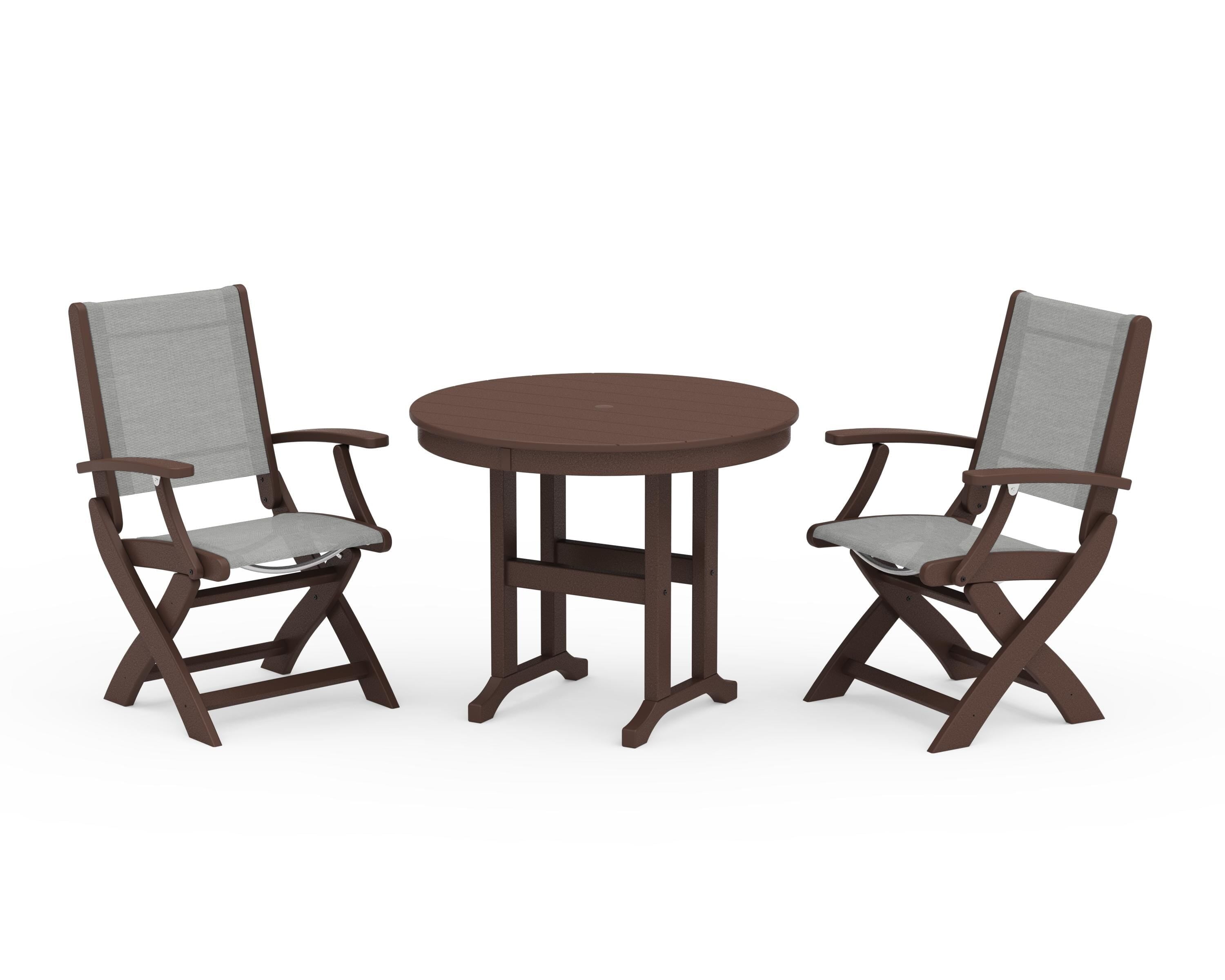 POLYWOOD Coastal Folding Chair 3-Piece Round Dining Set in Mahogany / Metallic Sling